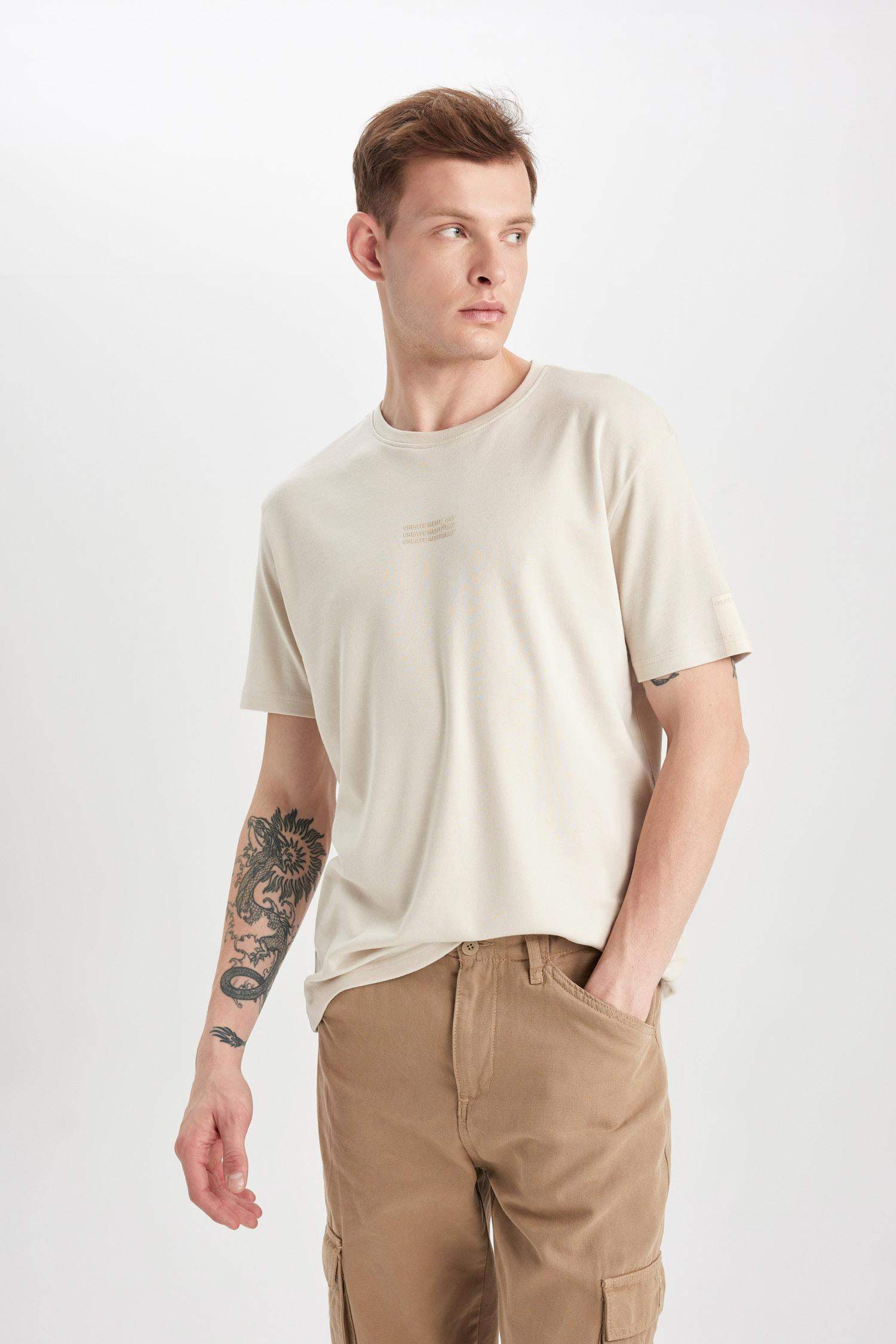 Regular Fit Bisiklet Yaka Baskılı Kısa Kollu Ağır Kumaş Tişört