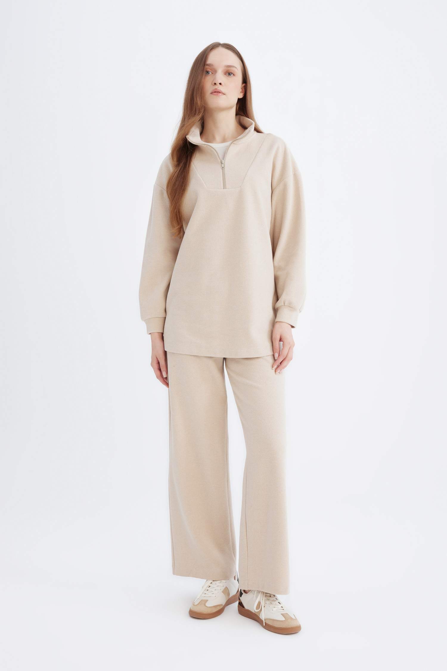 Regular Fit Yarım Fermuarlı Dik Yaka Selanik Kumaş Basic Düz Uzun Kollu Tunik