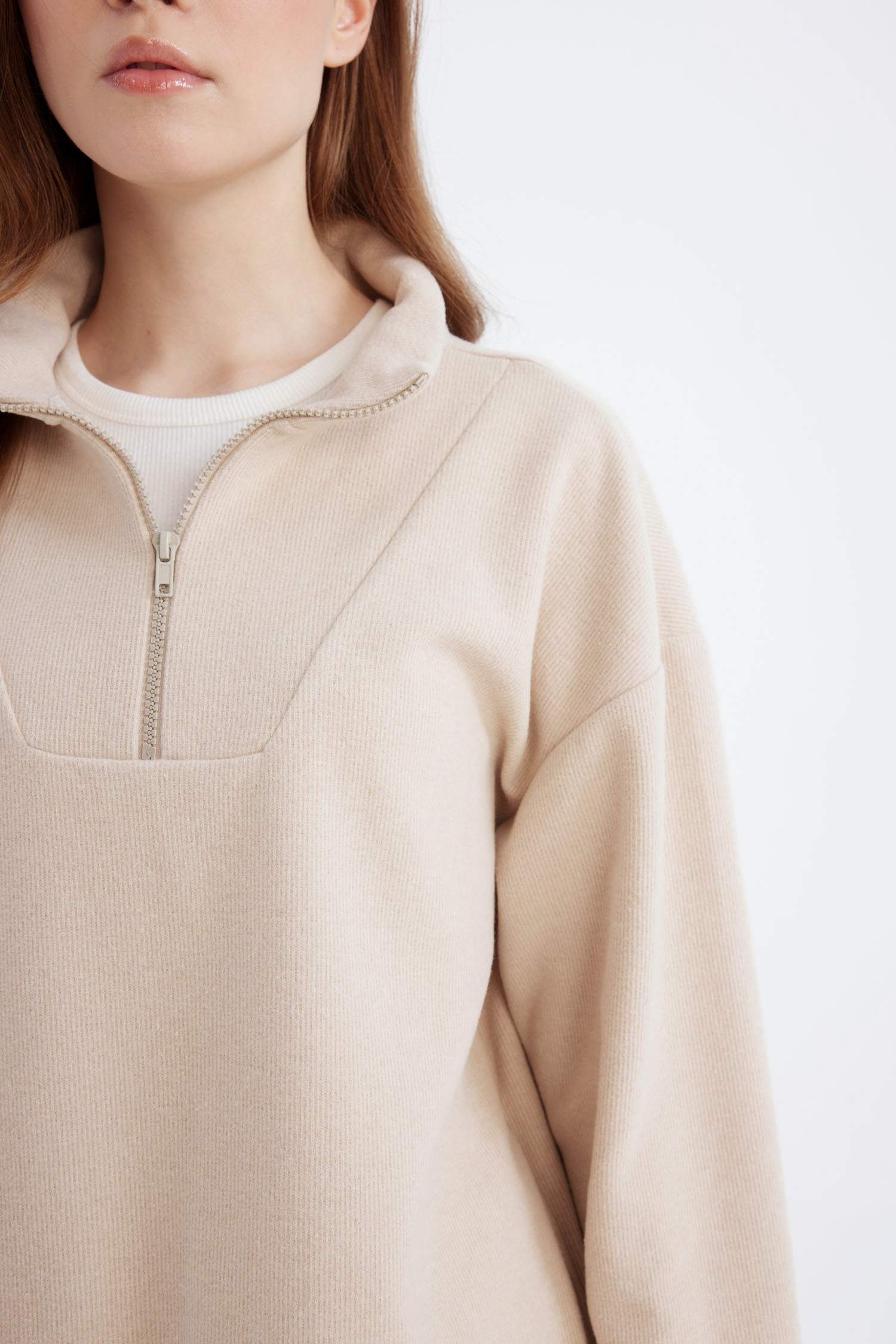 Regular Fit Yarım Fermuarlı Dik Yaka Selanik Kumaş Basic Düz Uzun Kollu Tunik