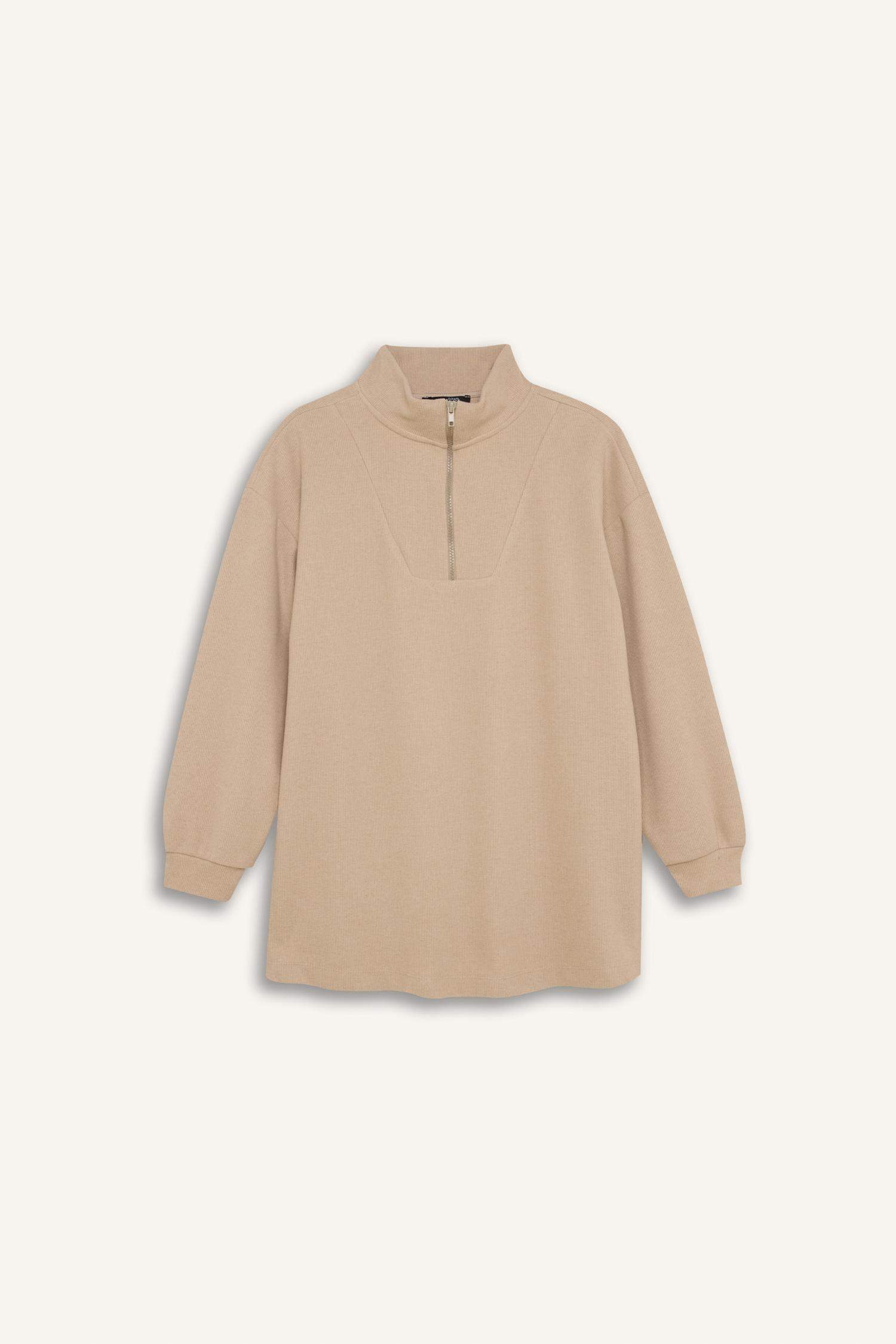 Regular Fit Yarım Fermuarlı Dik Yaka Selanik Kumaş Basic Düz Uzun Kollu Tunik