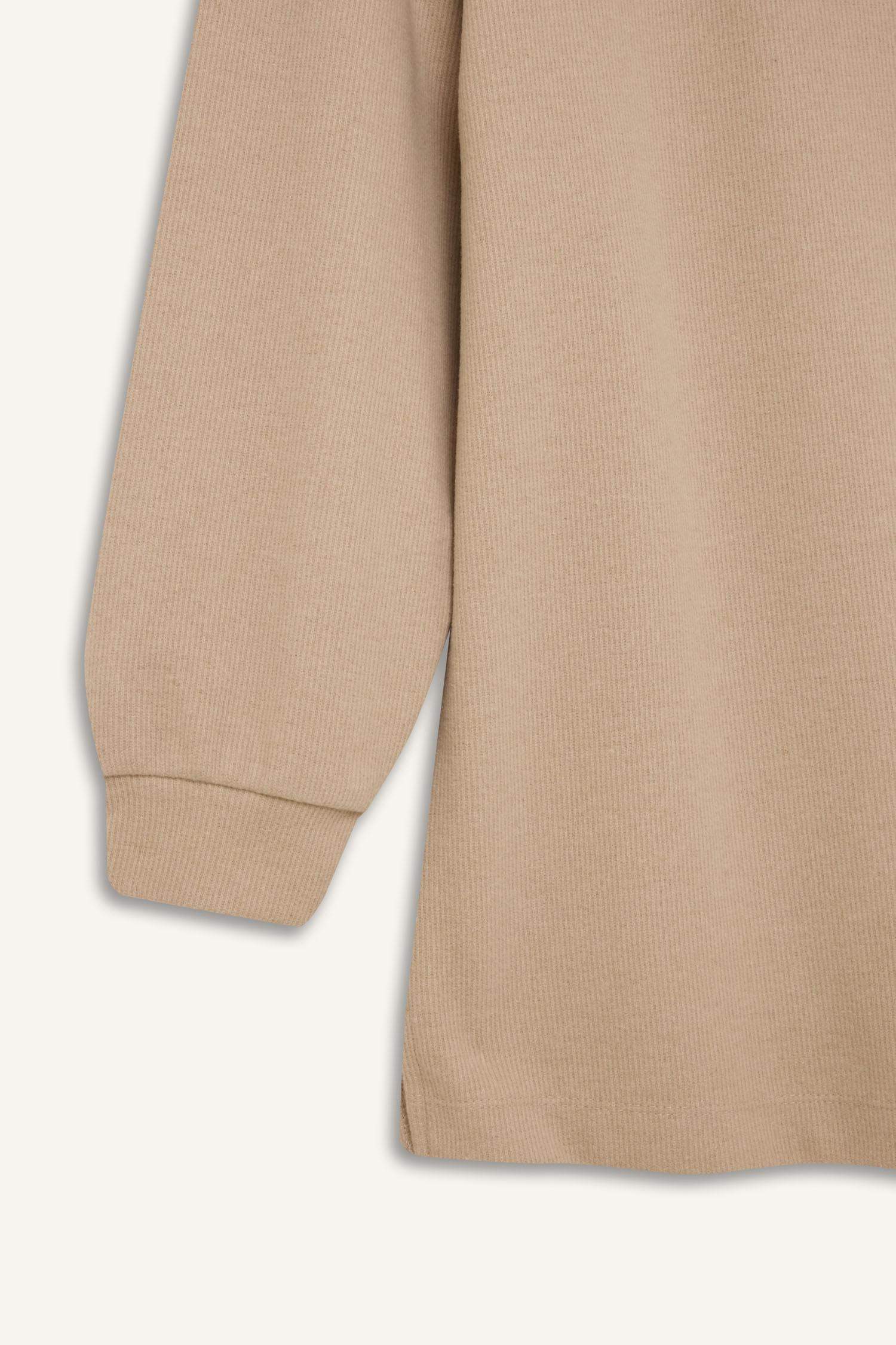 Regular Fit Yarım Fermuarlı Dik Yaka Selanik Kumaş Basic Düz Uzun Kollu Tunik