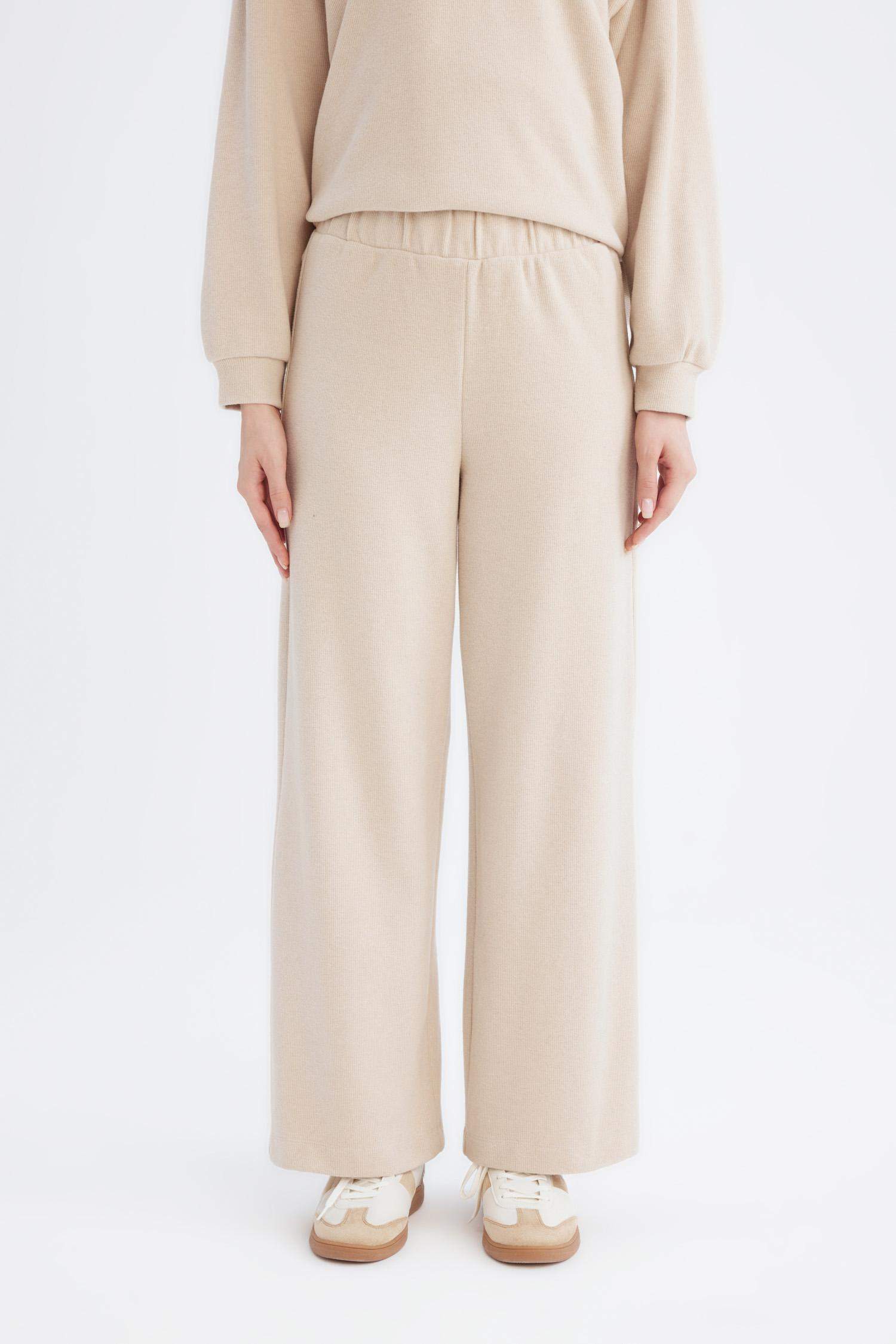 Relax Fit Beli Lastikli Selanik Kumaş Basic Düz Triko Pantolon