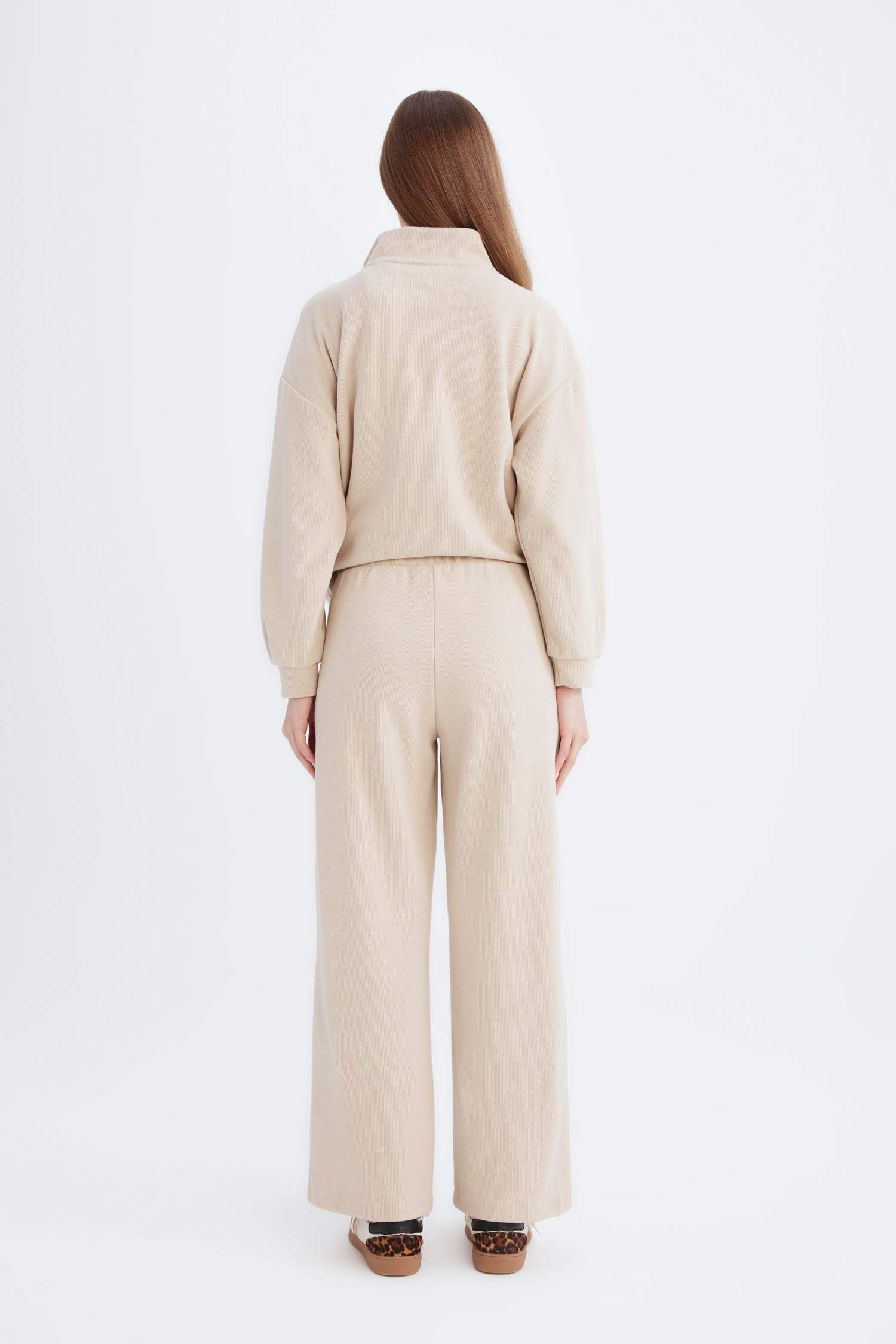 Relax Fit Beli Lastikli Selanik Kumaş Basic Düz Triko Pantolon