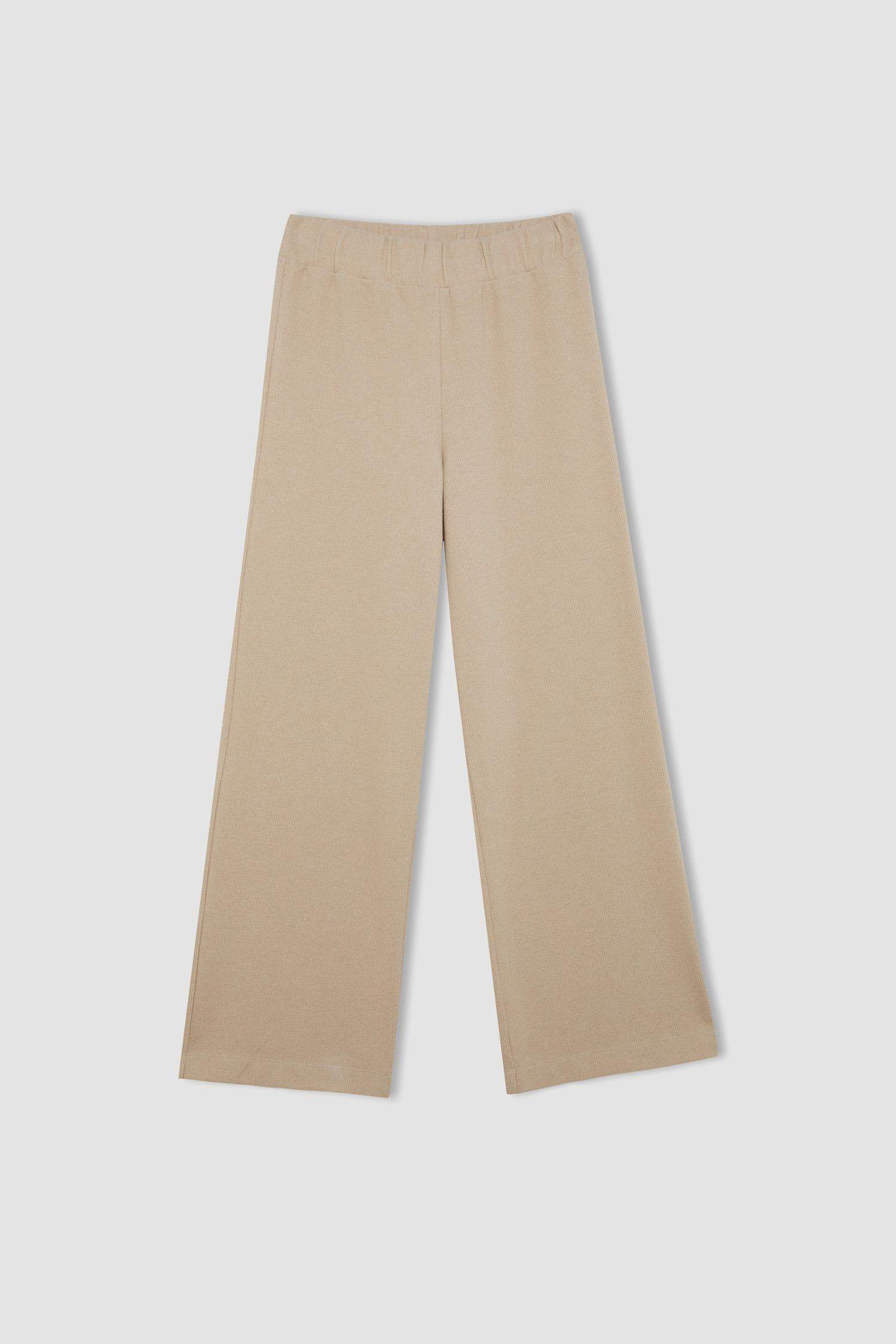 Relax Fit Beli Lastikli Selanik Kumaş Basic Düz Triko Pantolon