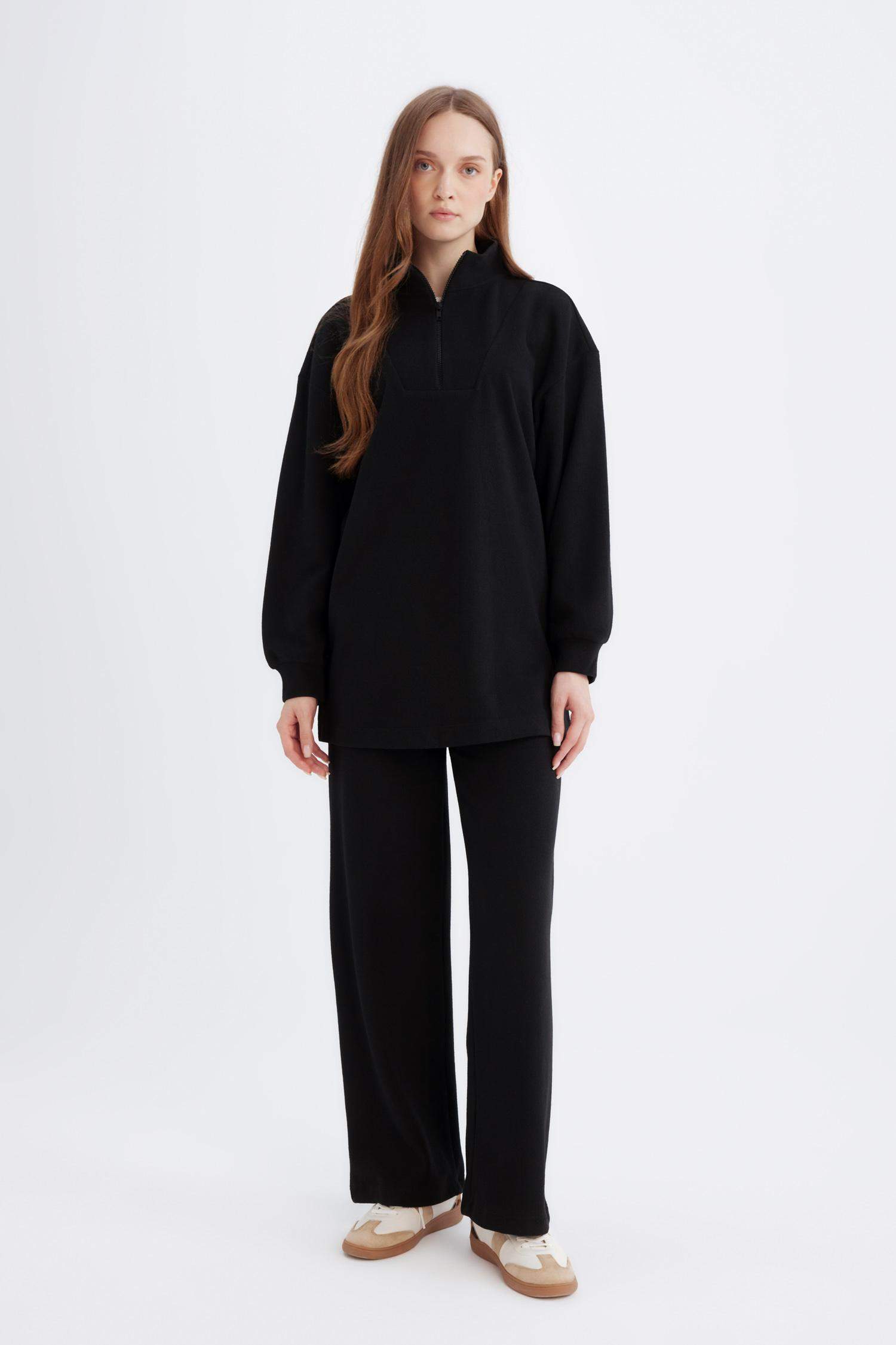 Relax Fit Beli Lastikli Selanik Kumaş Basic Düz Triko Siyah Pantolon