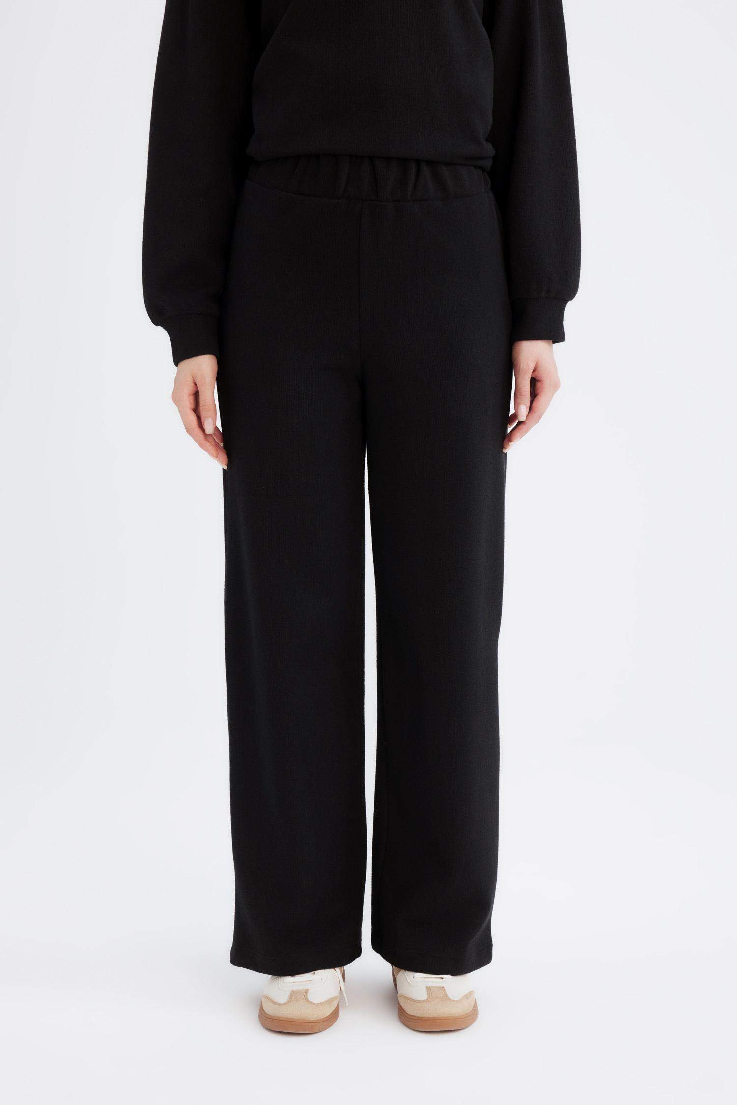 Relax Fit Beli Lastikli Selanik Kumaş Basic Düz Triko Siyah Pantolon