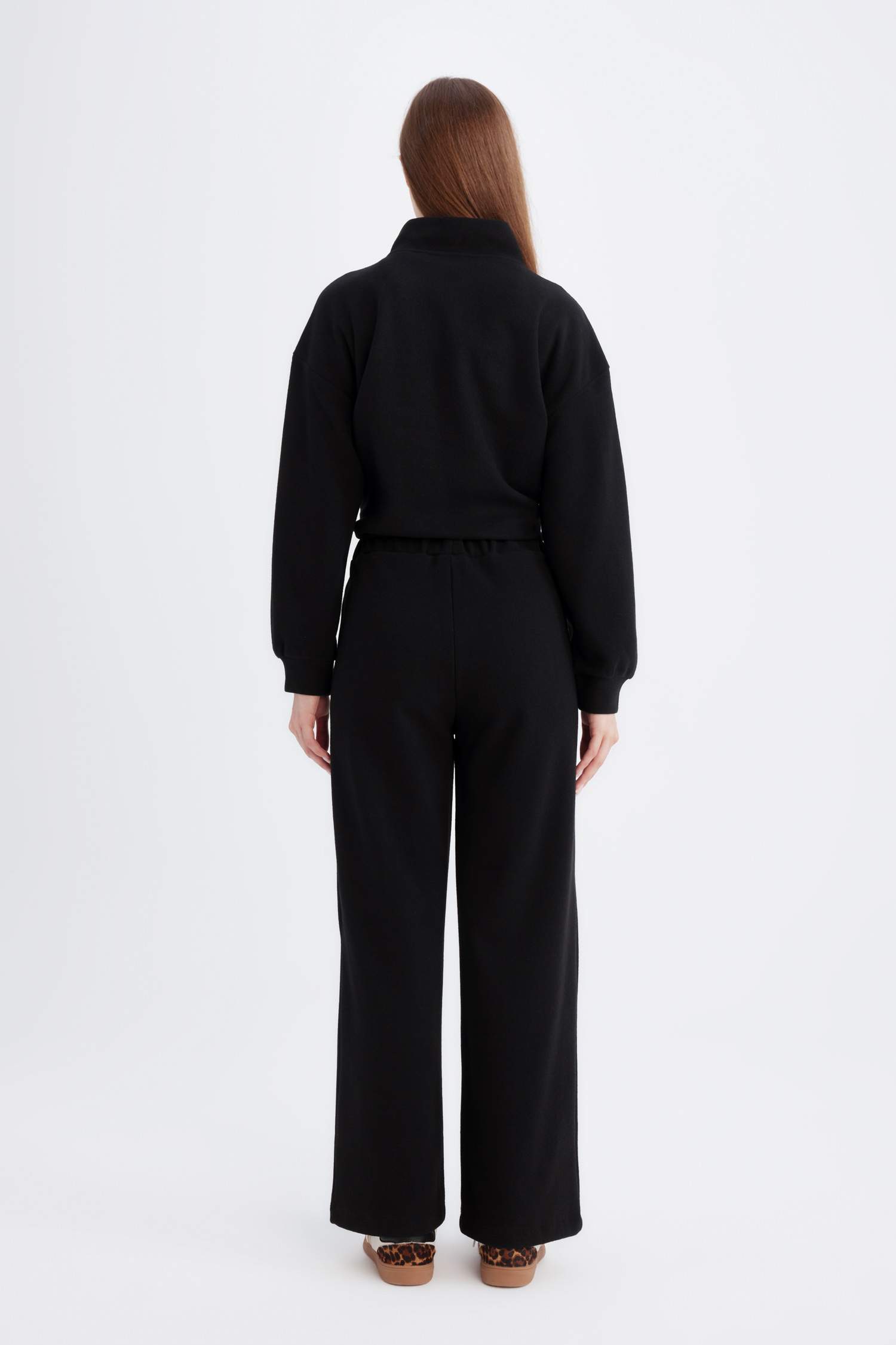 Relax Fit Beli Lastikli Selanik Kumaş Basic Düz Triko Siyah Pantolon