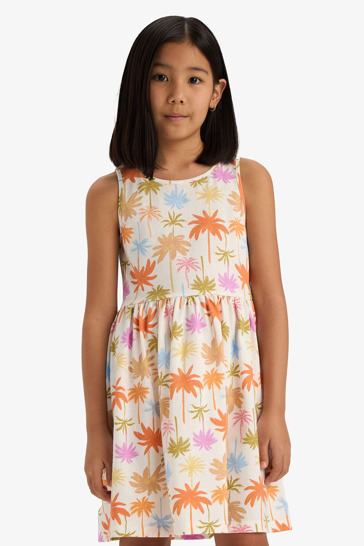 Kız Çocuk Bisiklet Yaka Çiçek Desenli Kolsuz Yazlık Elbise