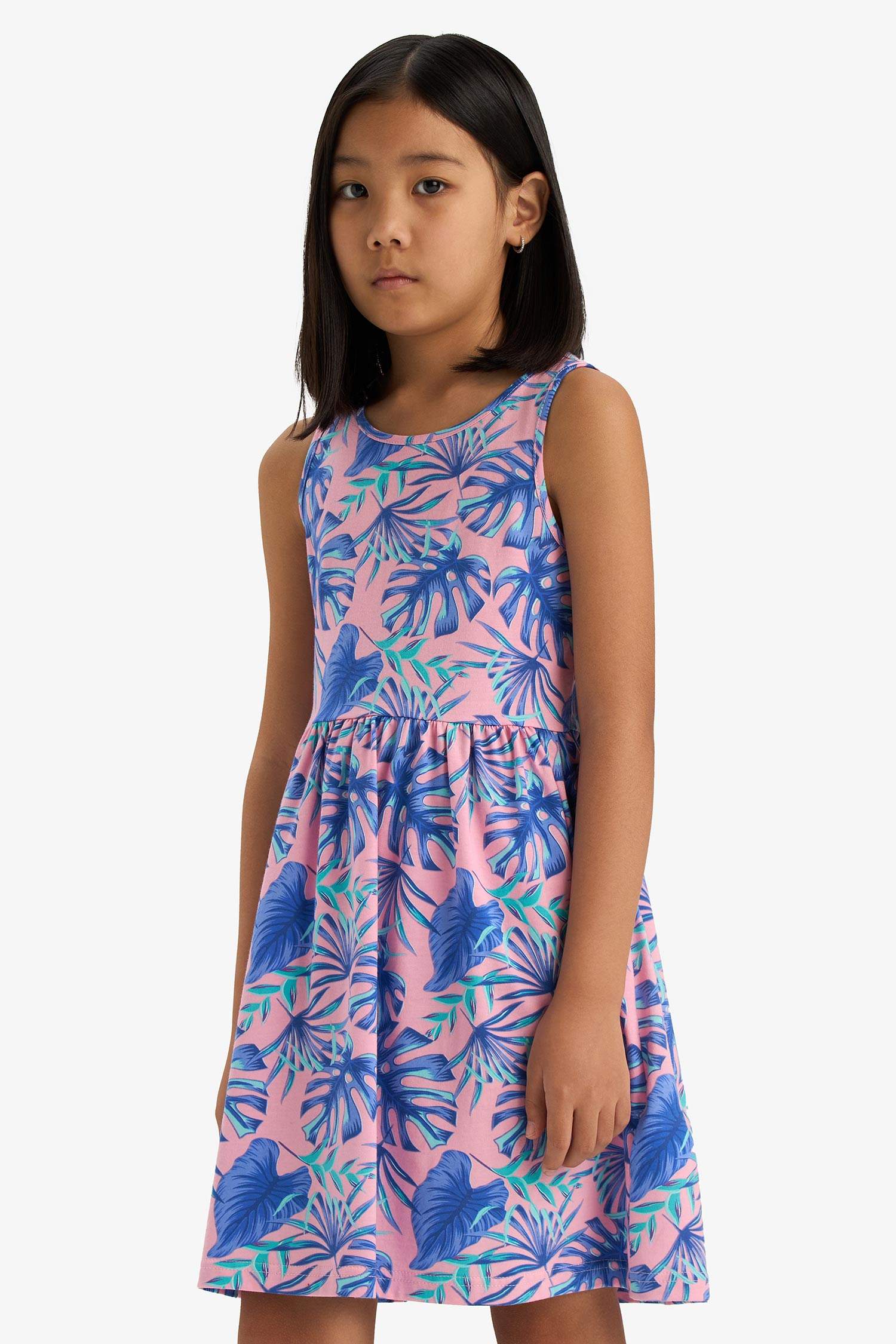 Kız Çocuk Bisiklet Yaka Desenli Kolsuz Yazlık Elbise