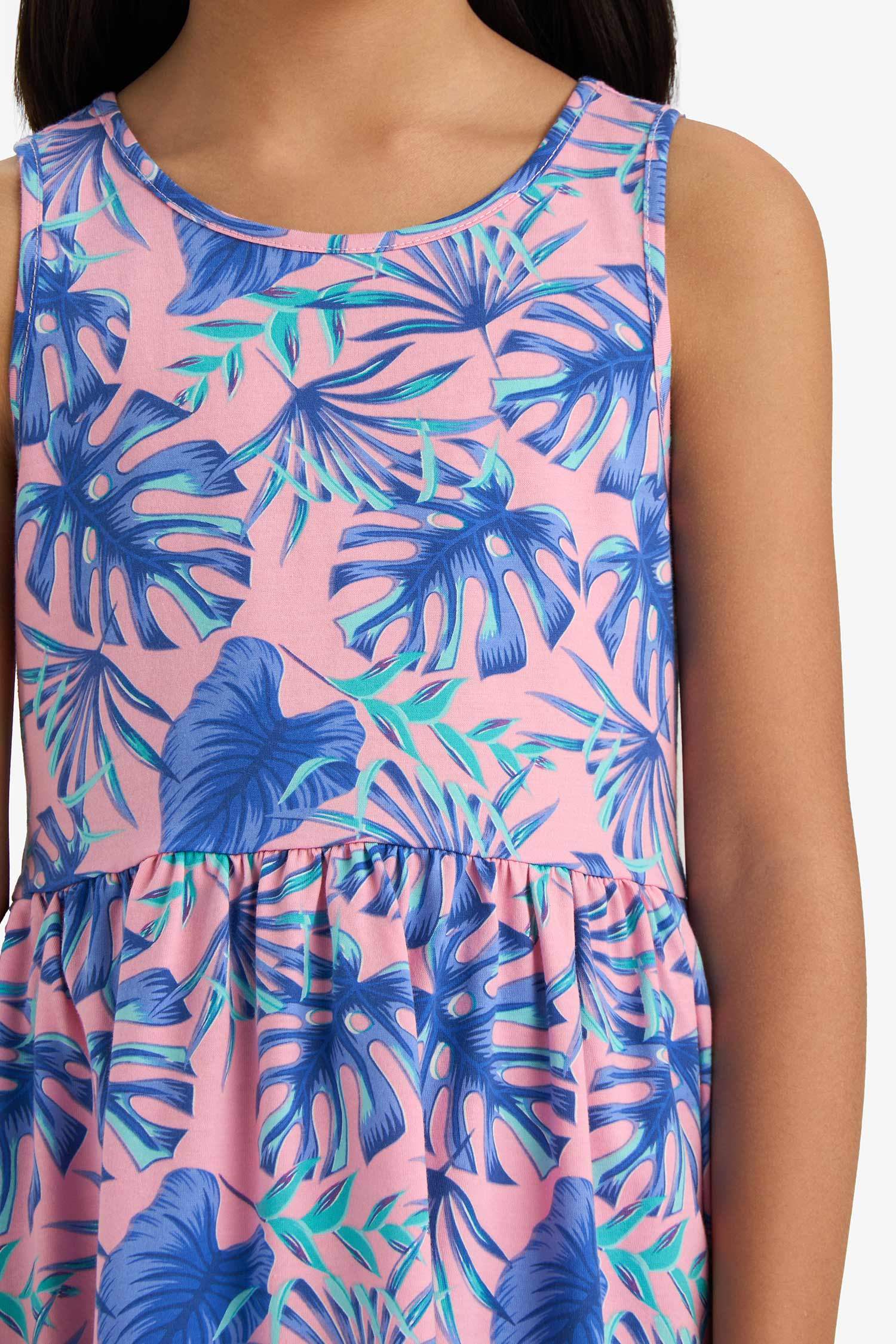 Kız Çocuk Bisiklet Yaka Desenli Kolsuz Yazlık Elbise