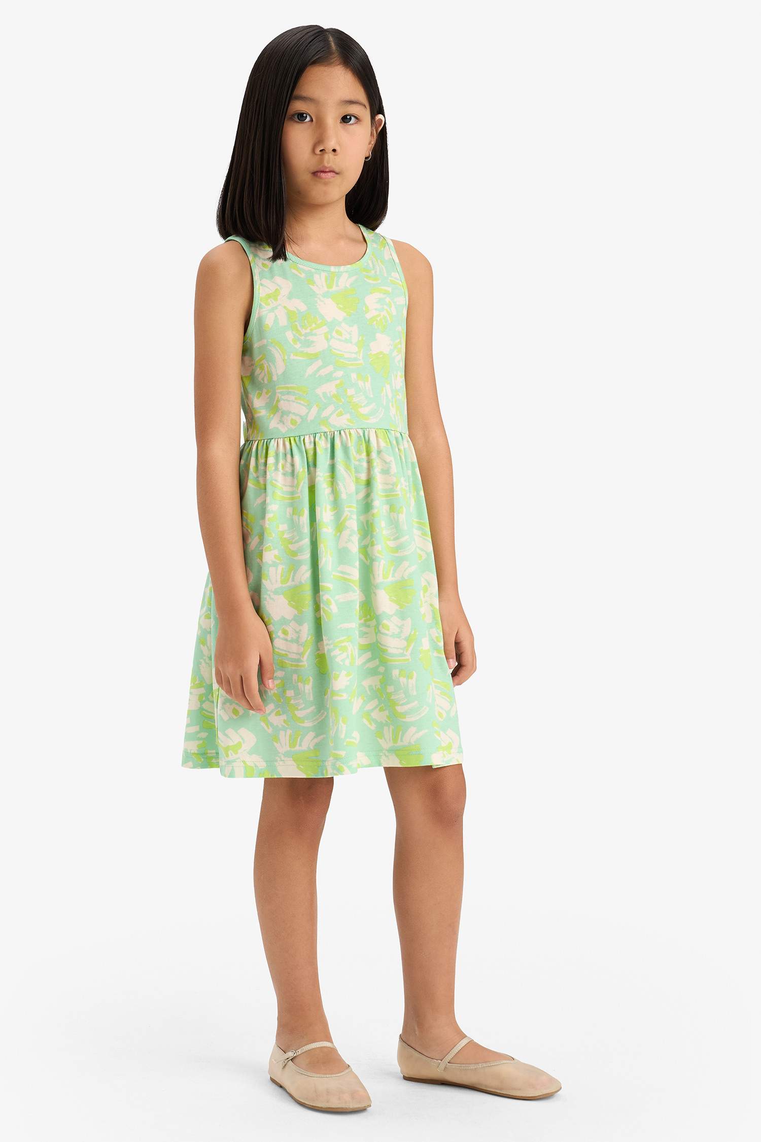 Kız Çocuk Bisiklet Yaka Desenli Kolsuz Yazlık Elbise