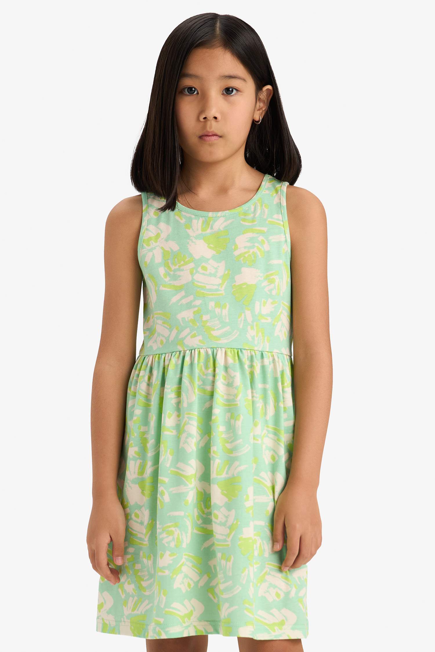 Kız Çocuk Bisiklet Yaka Desenli Kolsuz Yazlık Elbise