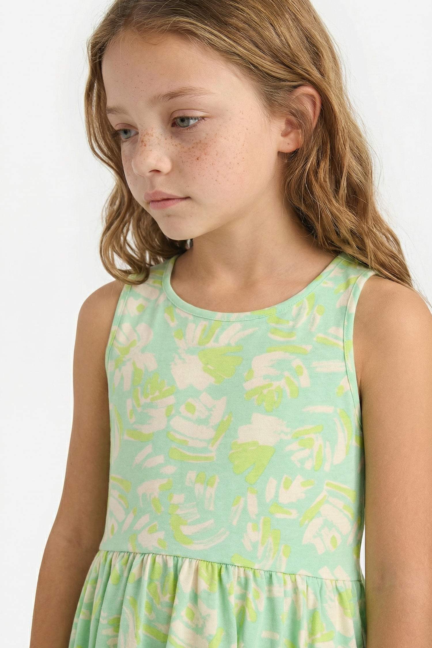 Bisiklet Yaka Desenli Kolsuz Yazlık Elbise Kız Çocuk