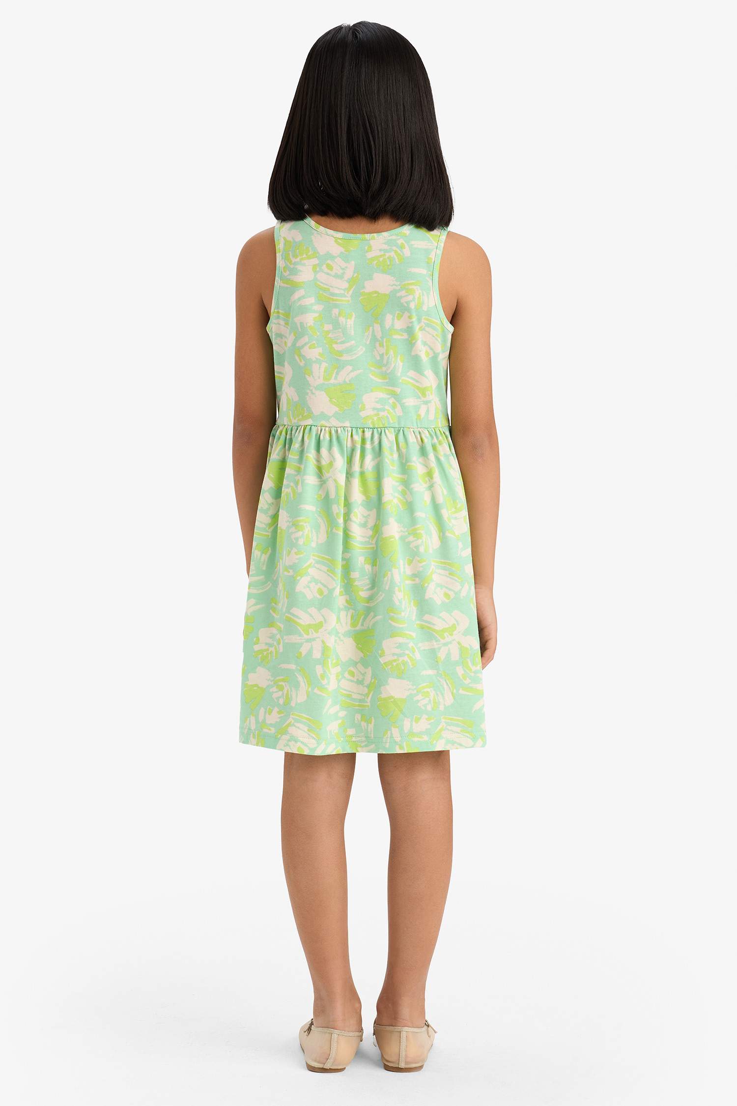 Kız Çocuk Bisiklet Yaka Desenli Kolsuz Yazlık Elbise