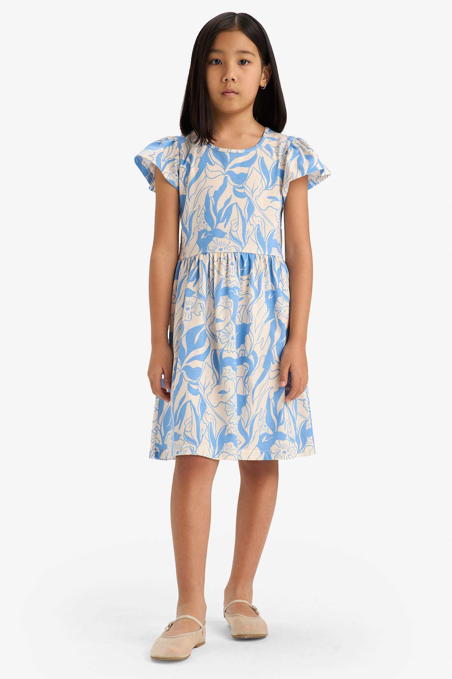 Kız Çocuk Bisiklet Yaka Desenli Kısa Kollu Yazlık Elbise
