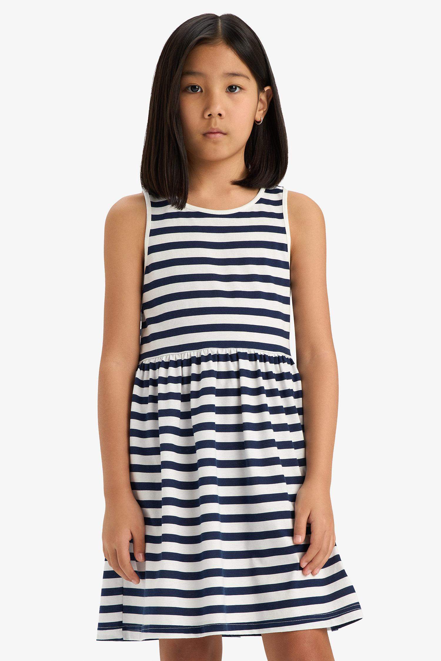 Девочка Летнее Платье Без Рукавов в Полоску с Круглым Вырезом
