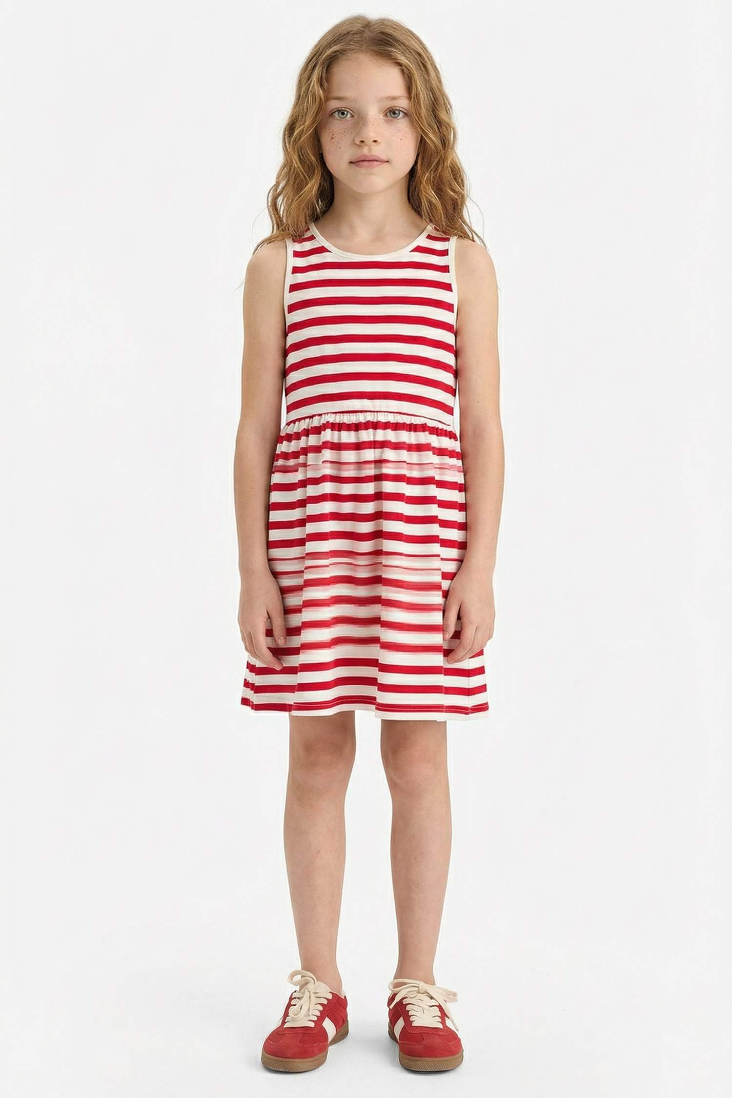Kız Çocuk Bisiklet Yaka Çizgili Kolsuz Yazlık Elbise