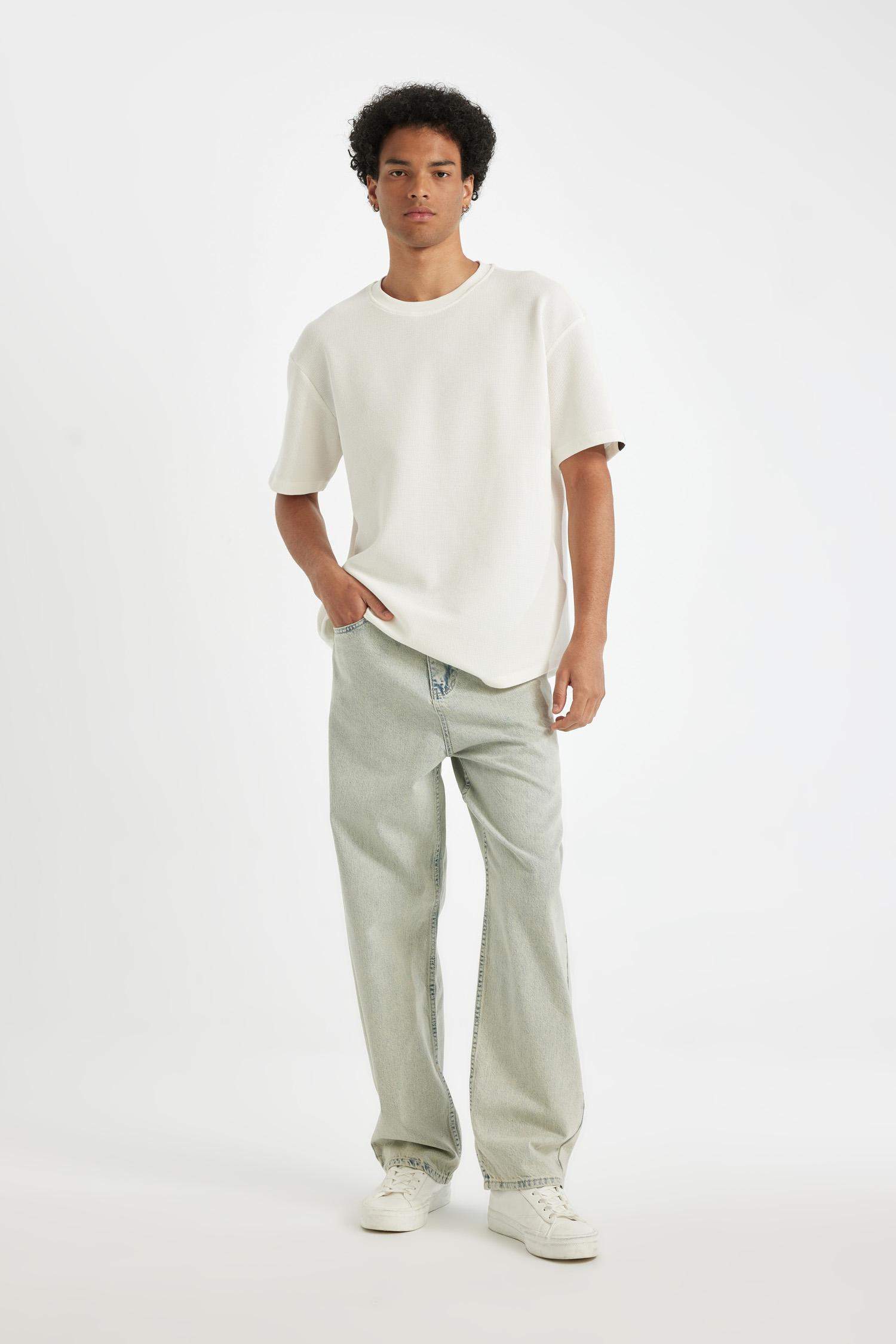 Boxy Fit Bisiklet Yaka Kısa Kollu Basic Düz Waffle Tişört