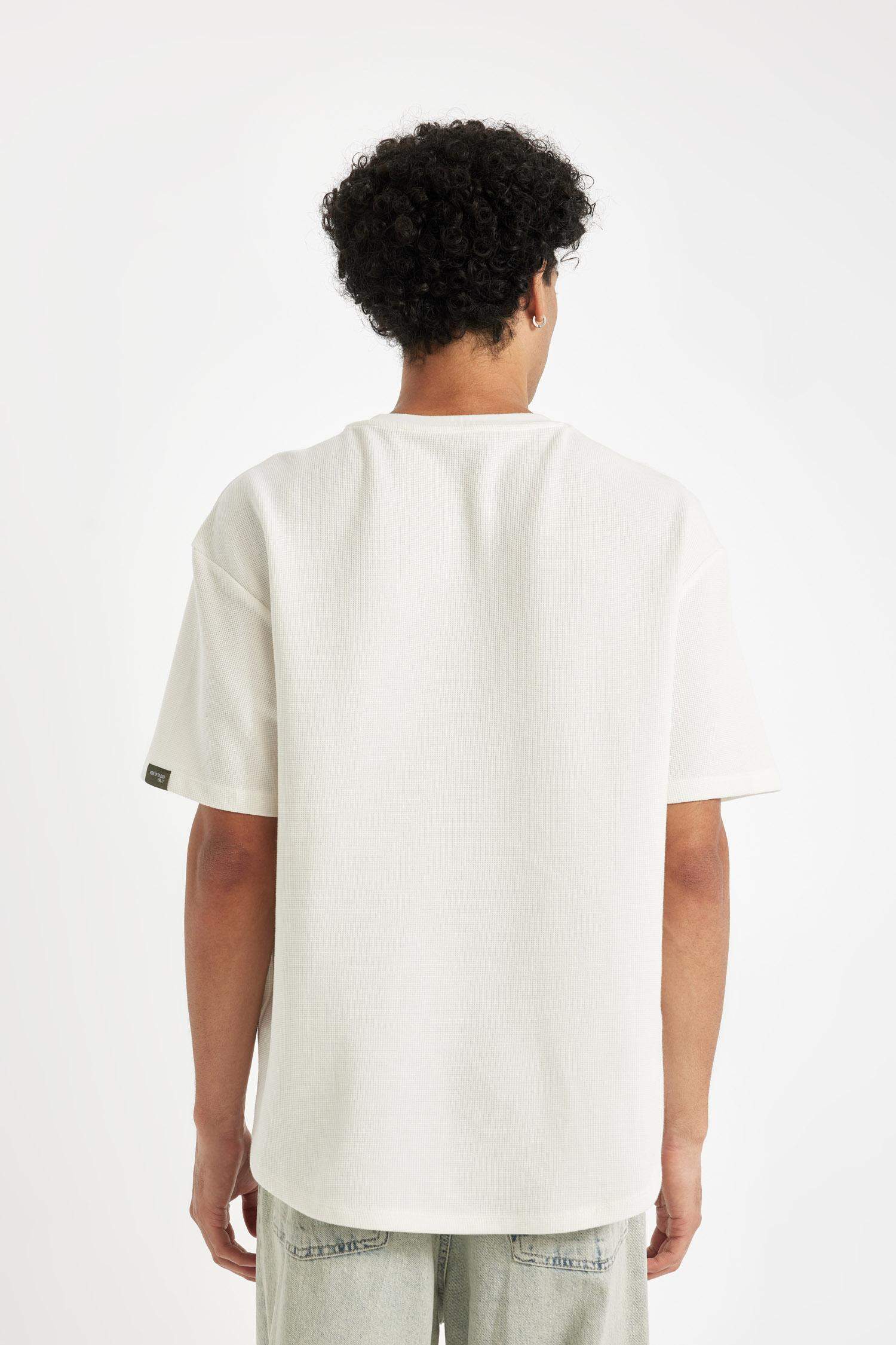 Boxy Fit Bisiklet Yaka Kısa Kollu Basic Düz Waffle Tişört