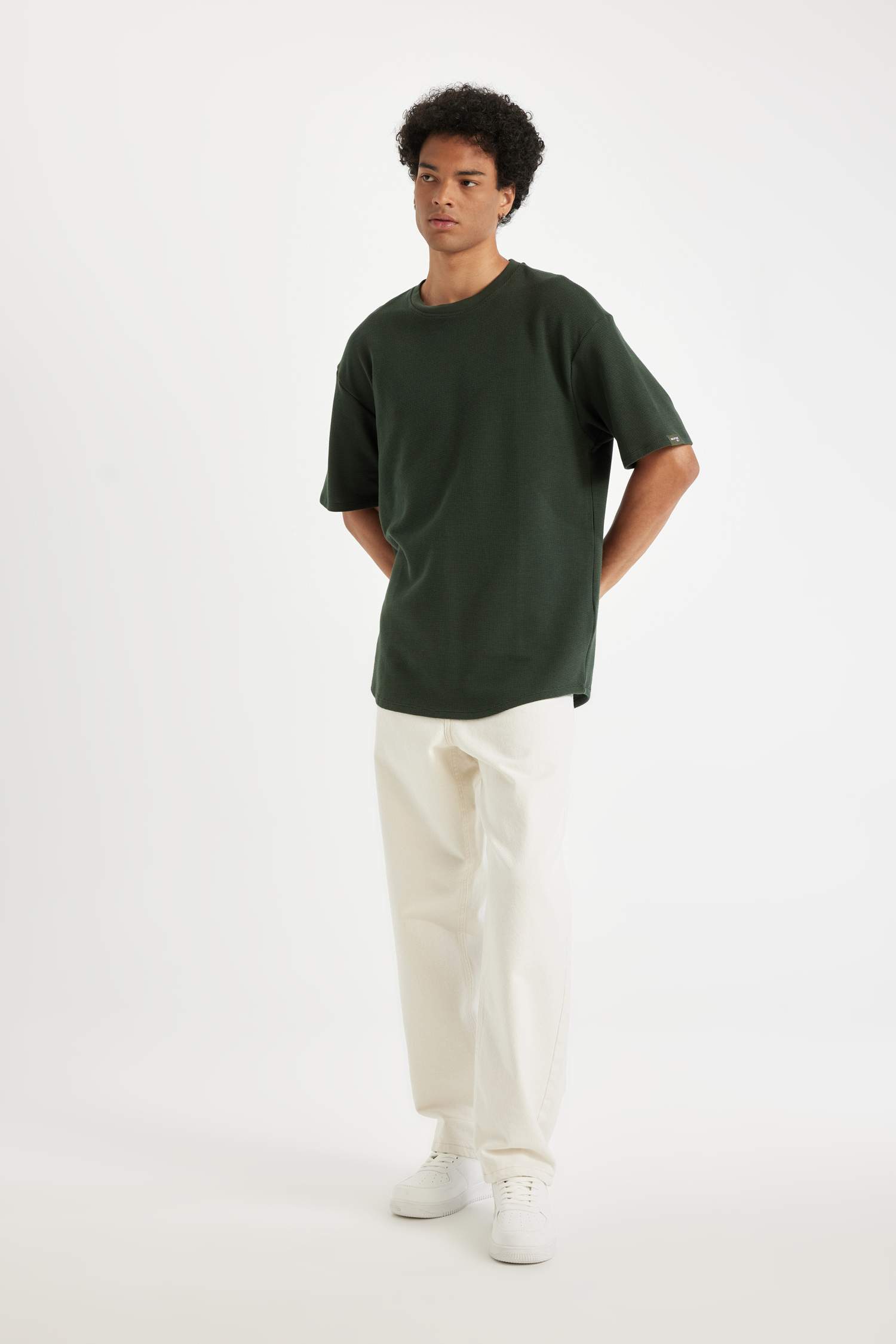 Boxy Fit Bisiklet Yaka Kısa Kollu Basic Düz Waffle Tişört