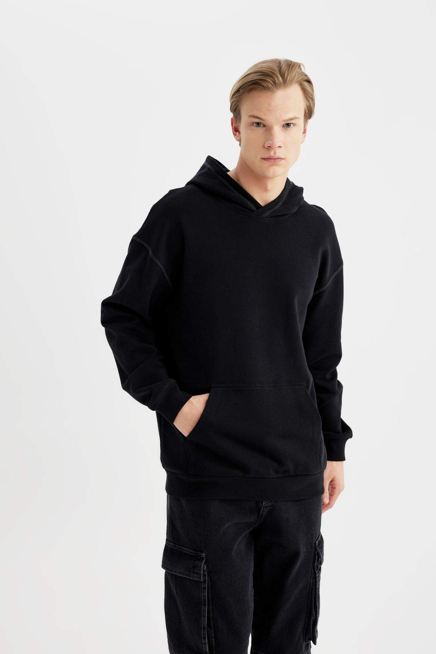 Comfort Regular Fit Rahat Kalıp Kapüşonlu Kanguru Cepli Basic Düz Sweatshirt