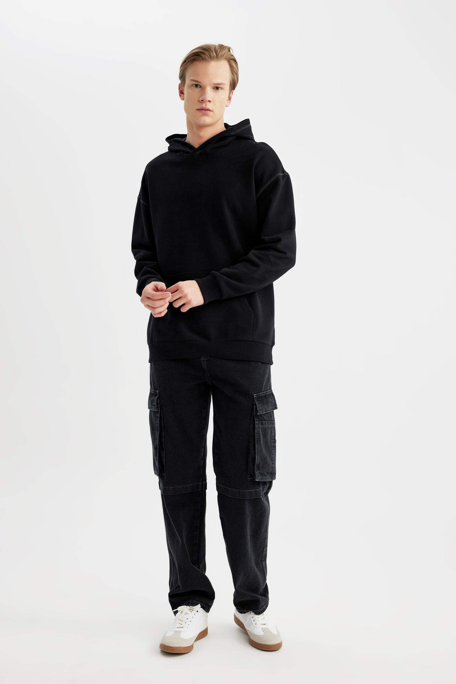 Comfort Regular Fit Rahat Kalıp Kapüşonlu Kanguru Cepli Basic Düz Sweatshirt