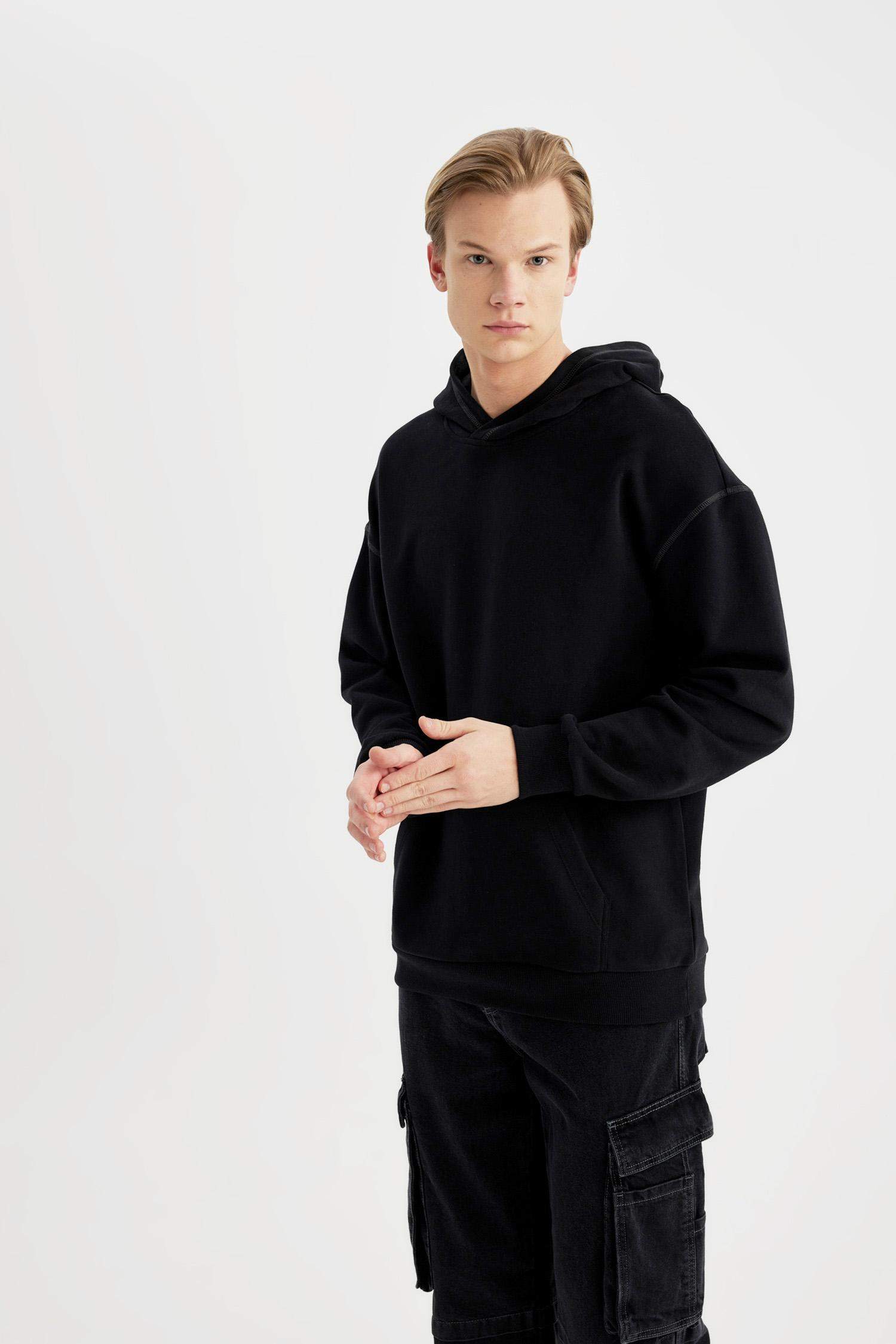 Comfort Regular Fit Rahat Kalıp Kapüşonlu Kanguru Cepli Basic Düz Sweatshirt