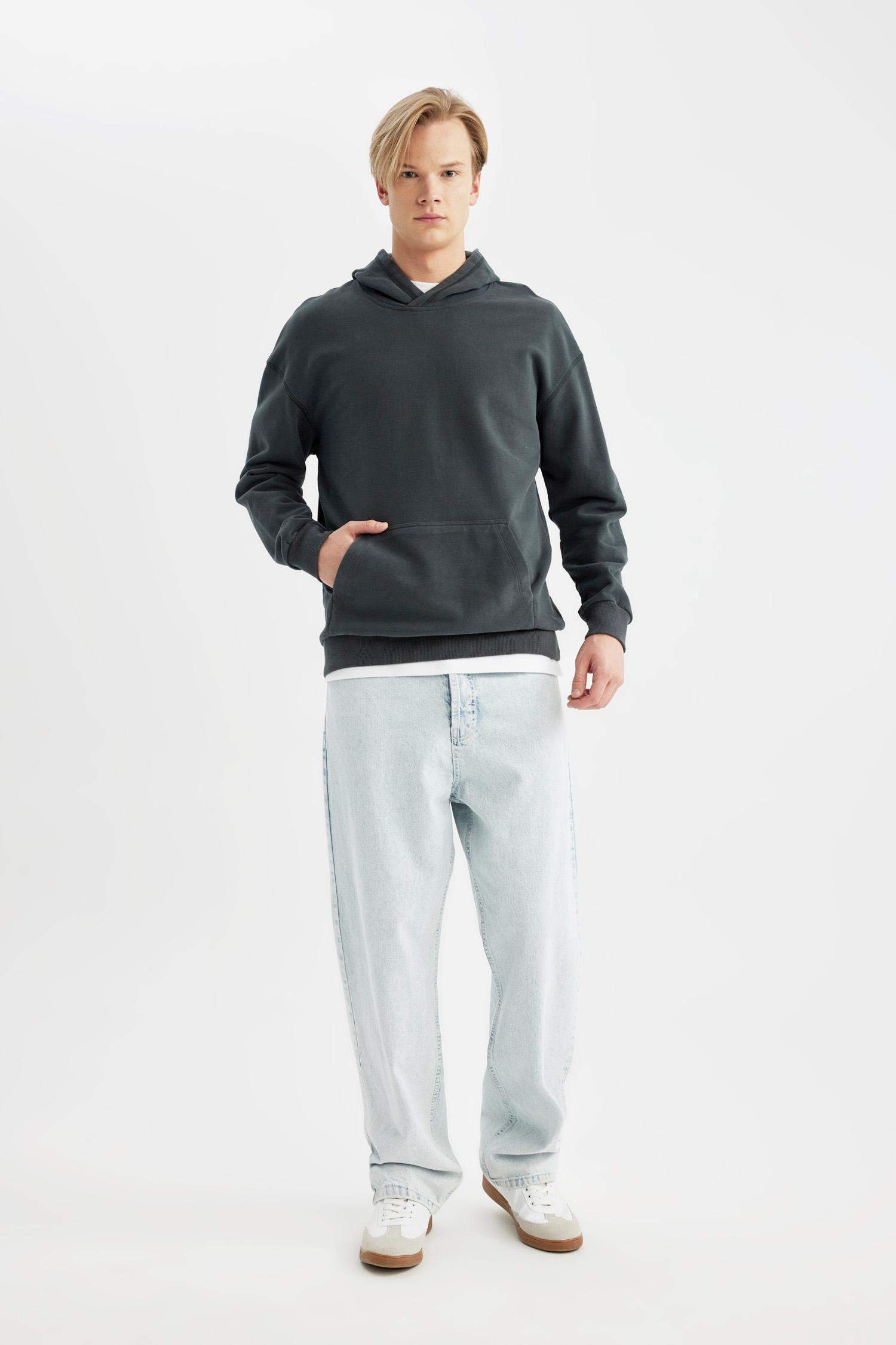 Comfort Regular Fit Rahat Kalıp Kapüşonlu Kanguru Cepli Basic Düz Sweatshirt