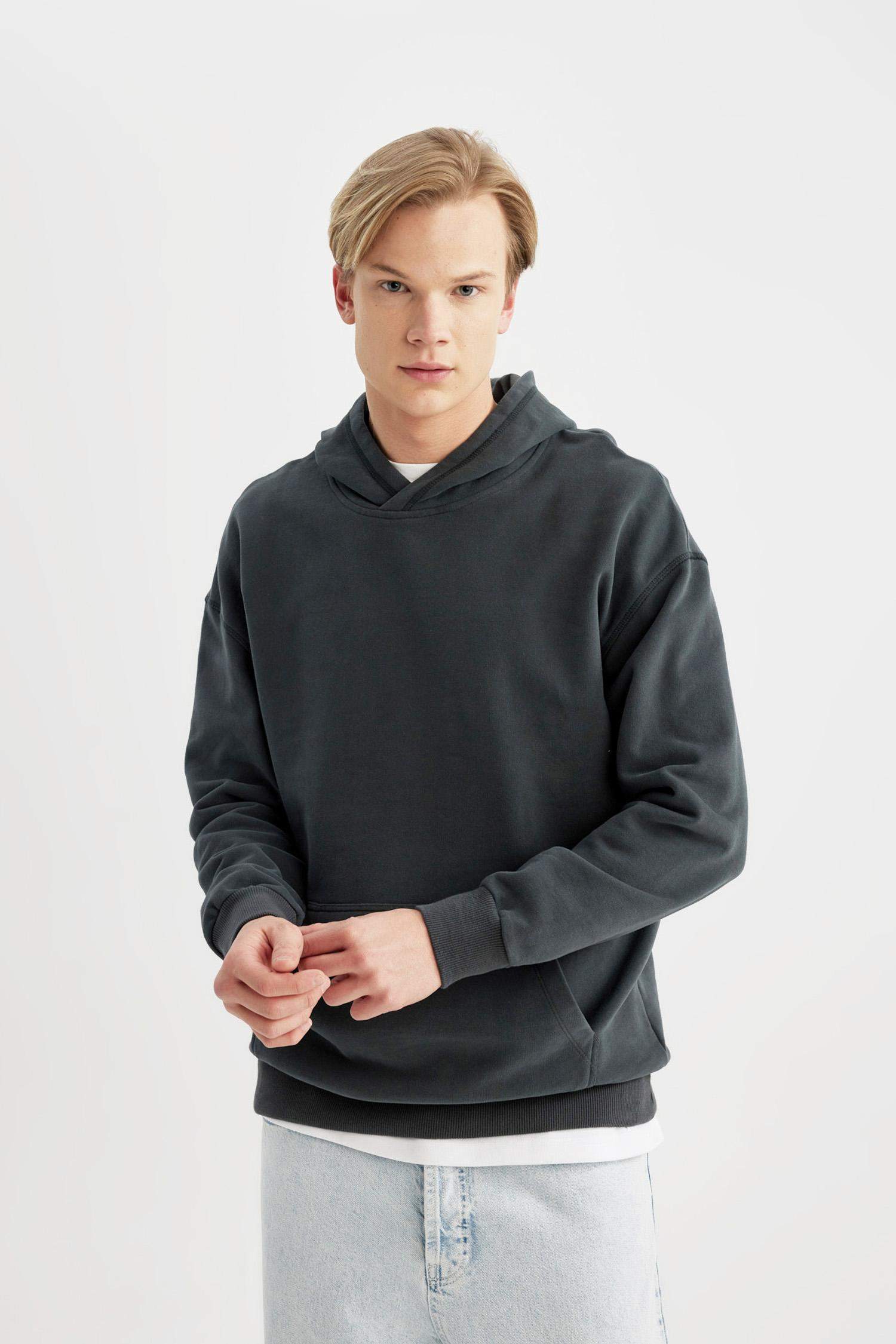 Comfort Regular Fit Rahat Kalıp Kapüşonlu Kanguru Cepli Basic Düz Sweatshirt