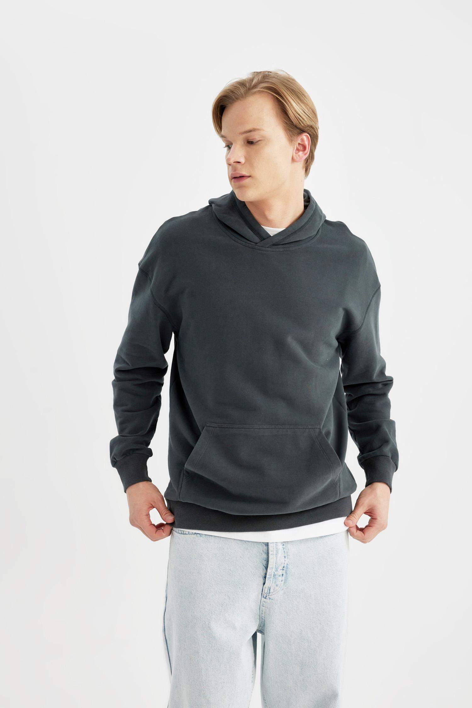 Comfort Regular Fit Rahat Kalıp Kapüşonlu Kanguru Cepli Basic Düz Sweatshirt