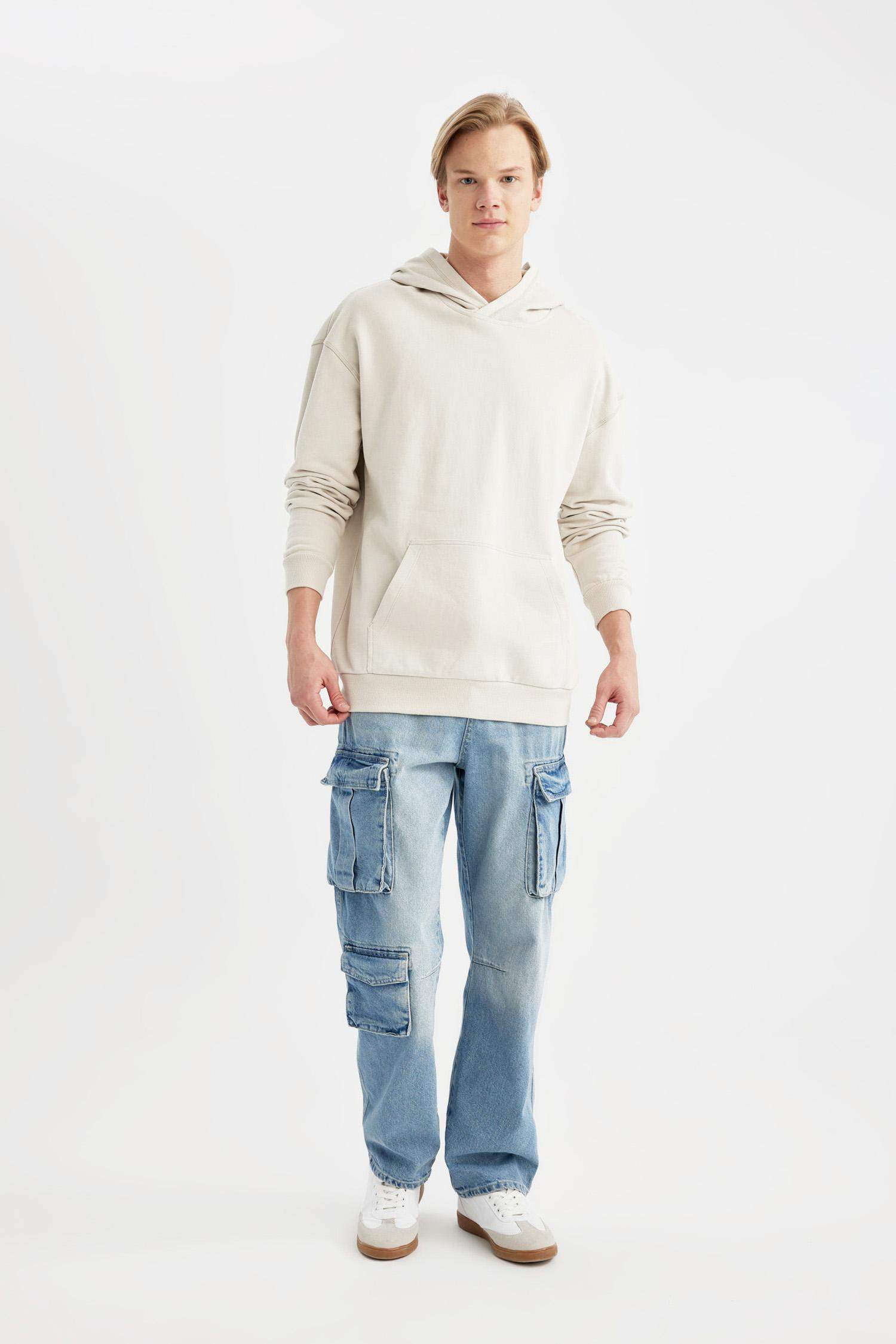 Comfort Regular Fit Rahat Kalıp Kapüşonlu Kanguru Cepli Basic Düz Sweatshirt