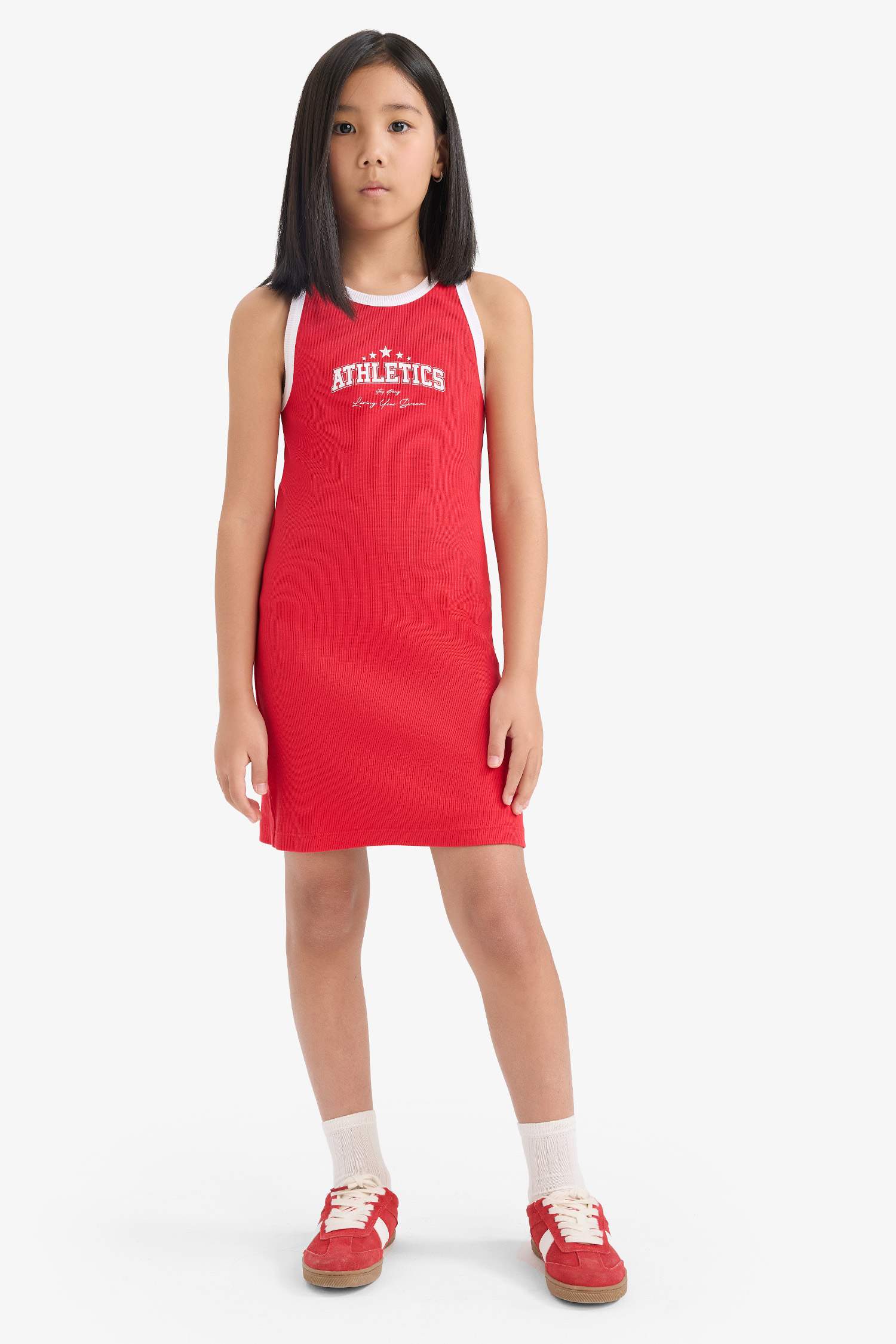 Летнее платье для девочек с принтом, без рукавов и ребристой текстурой