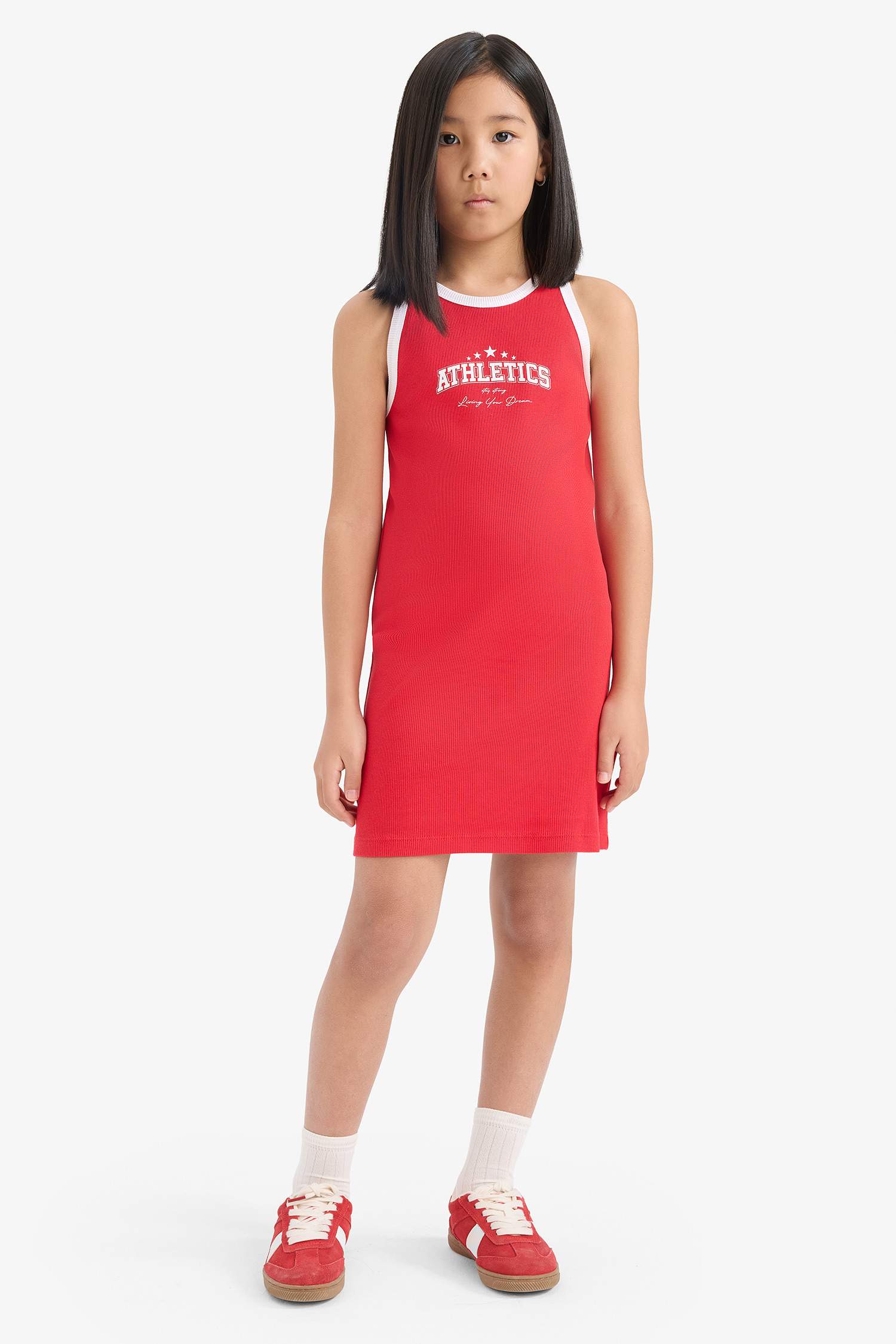 Летнее платье для девочек с принтом, без рукавов и ребристой текстурой