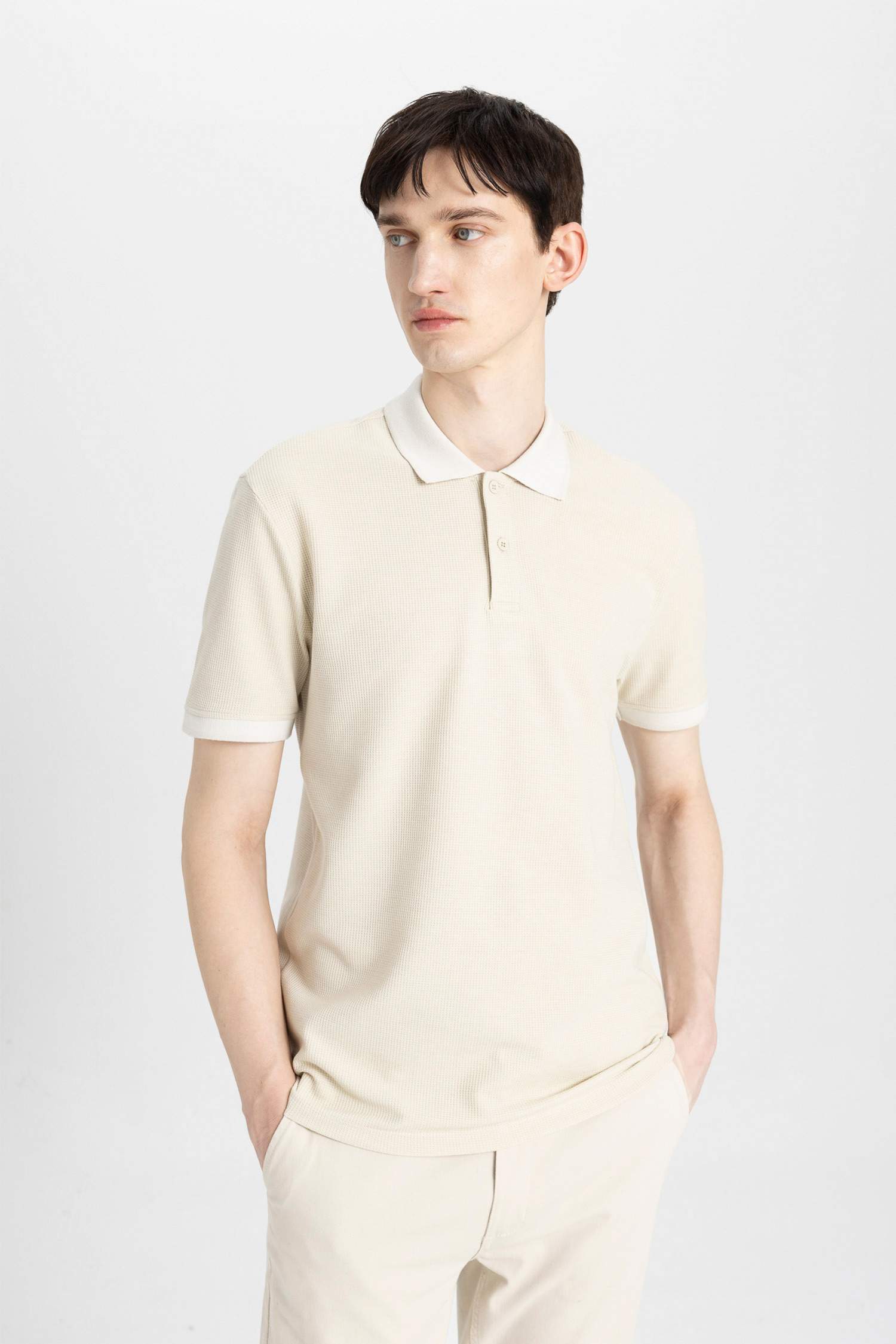 New Regular Fit Polo Yaka Waffle Kısa Kollu Basic Düz Tişört