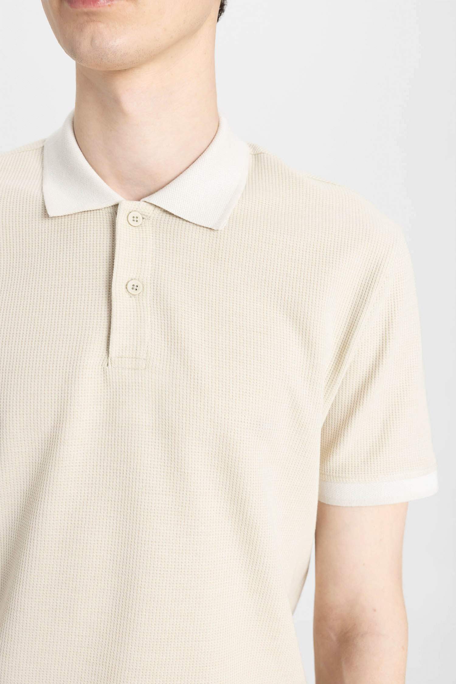New Regular Fit Polo Yaka Waffle Kısa Kollu Basic Düz Tişört