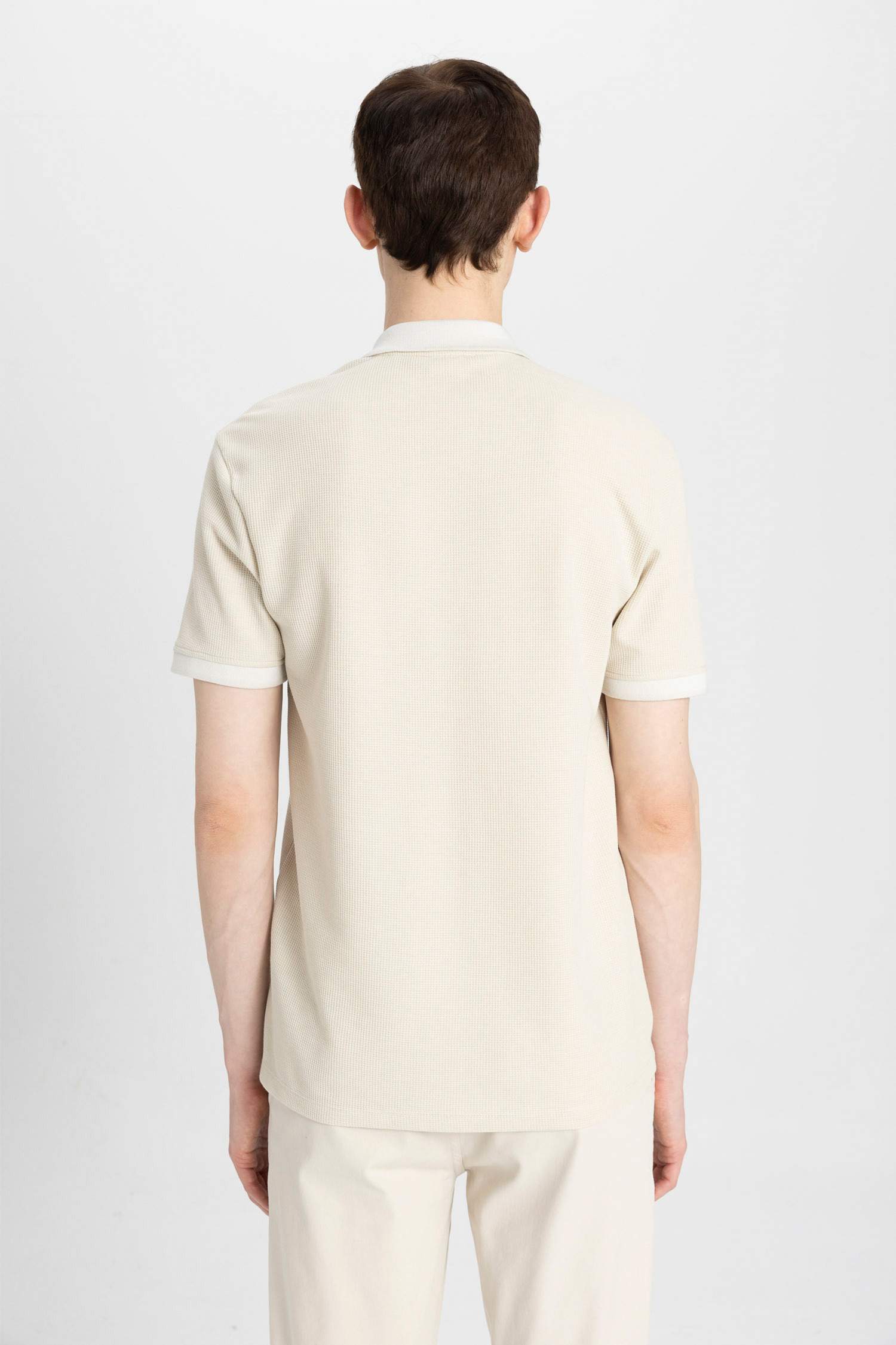 New Regular Fit Polo Yaka Waffle Kısa Kollu Basic Düz Tişört