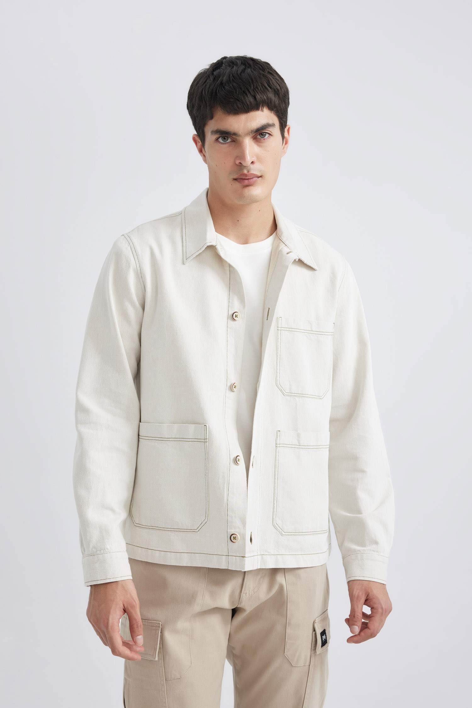 Regular Fit Polo Yaka Keten Karışımlı Düğmeli Cepli Yazlık Gömlek Ceket