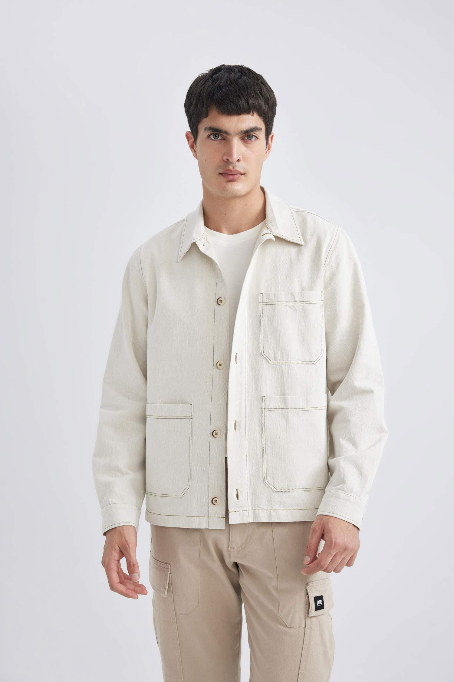 Regular Fit Polo Yaka Keten Karışımlı Düğmeli Cepli Yazlık Gömlek Ceket