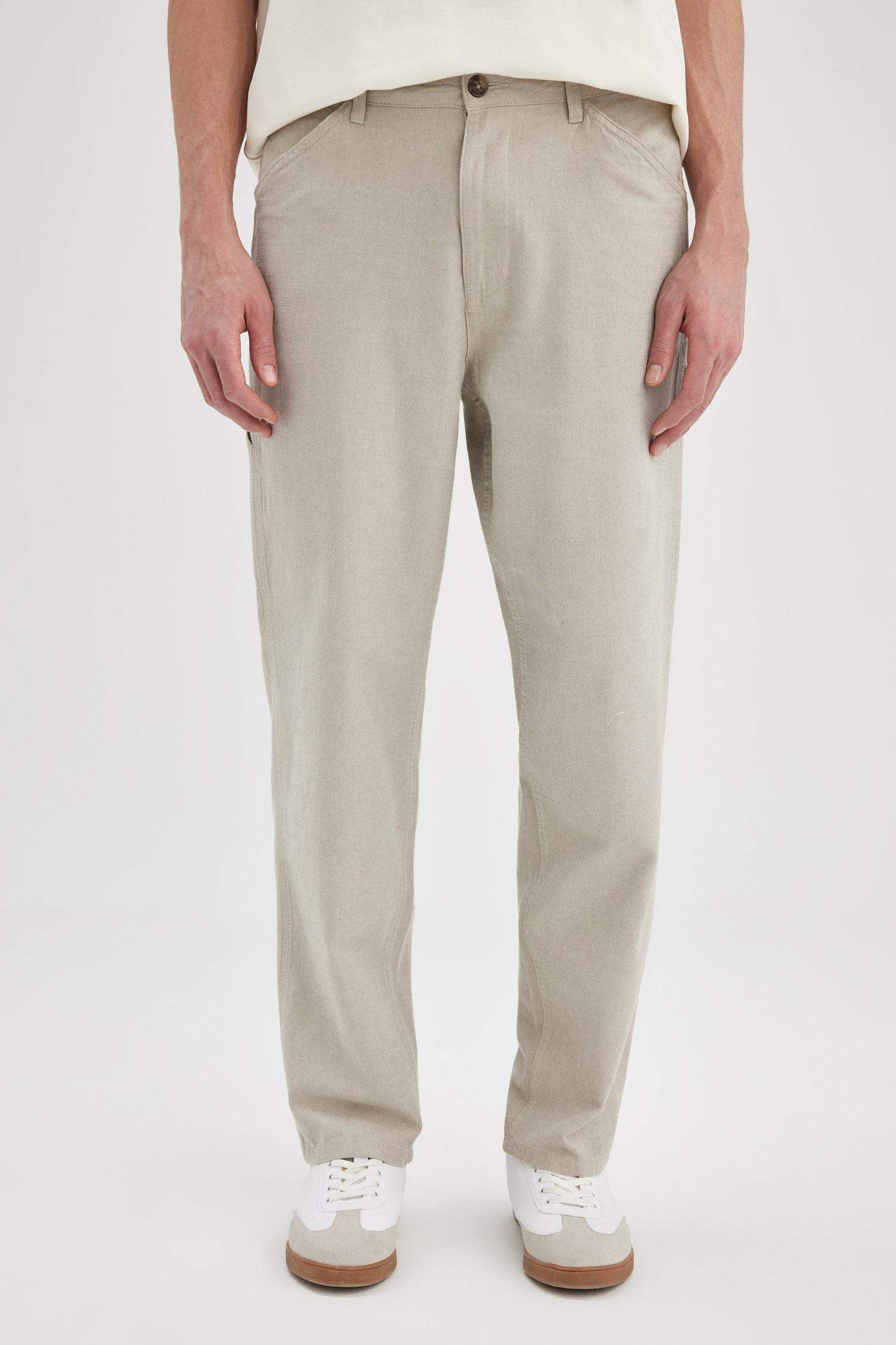 Relax Fit Rahat Kesim Yazlık Pantolon Keten Karışımlı Cepli Düz Paça