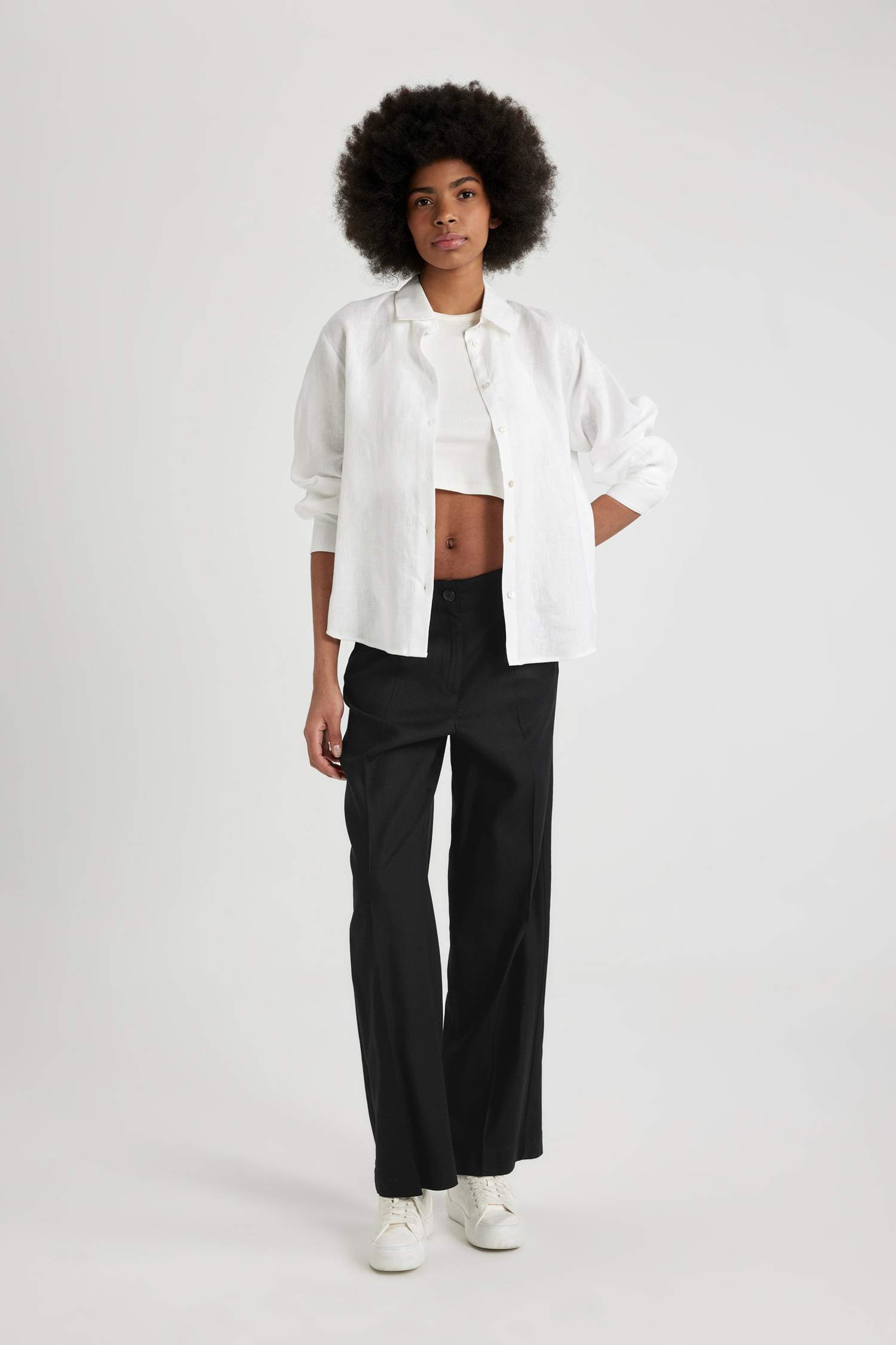 Pantalon en Mélange De Lin à Trois Poches Taille Haute Standard à Jambes Larges