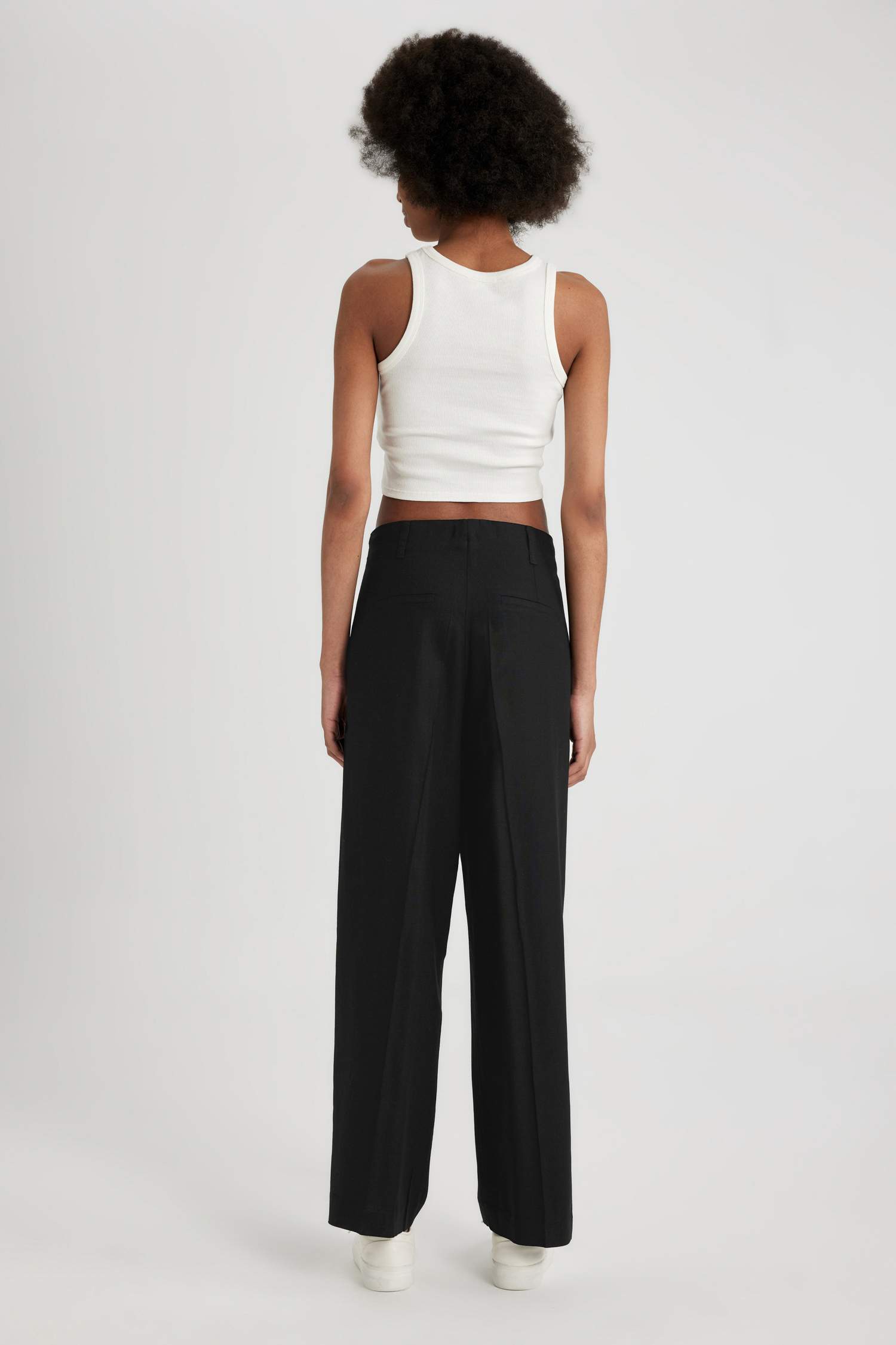 Pantalon en Mélange De Lin à Trois Poches Taille Haute Standard à Jambes Larges