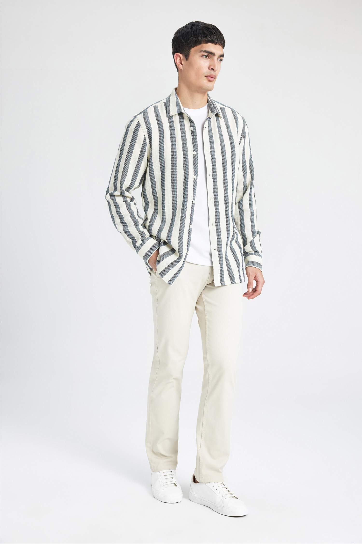 Regular Fit Polo Collar Cotton Striped Long Sleeve Shirt