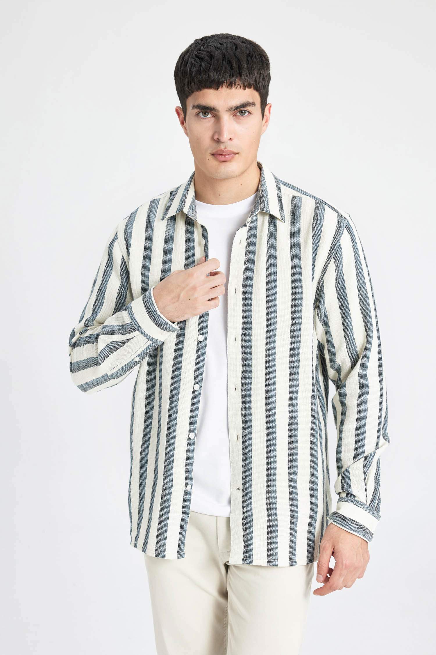 Regular Fit Polo Collar Cotton Striped Long Sleeve Shirt