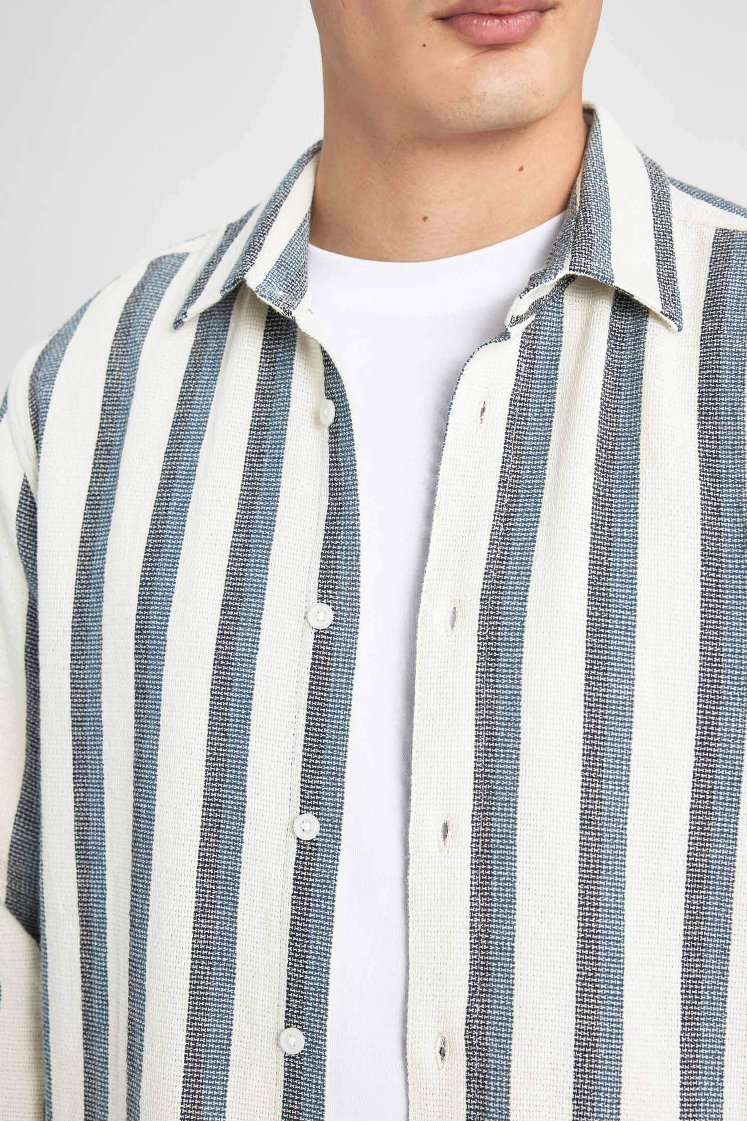 Regular Fit Polo Collar Cotton Striped Long Sleeve Shirt