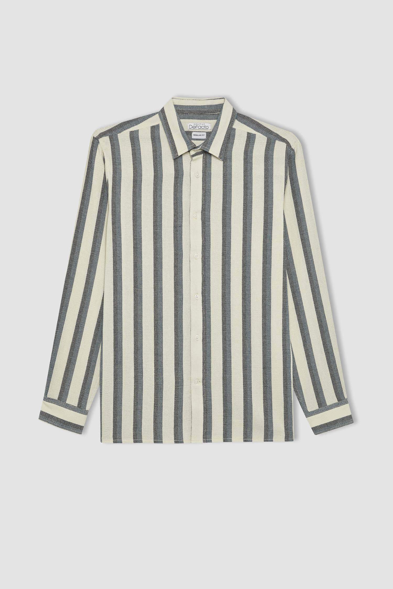 Regular Fit Polo Collar Cotton Striped Long Sleeve Shirt