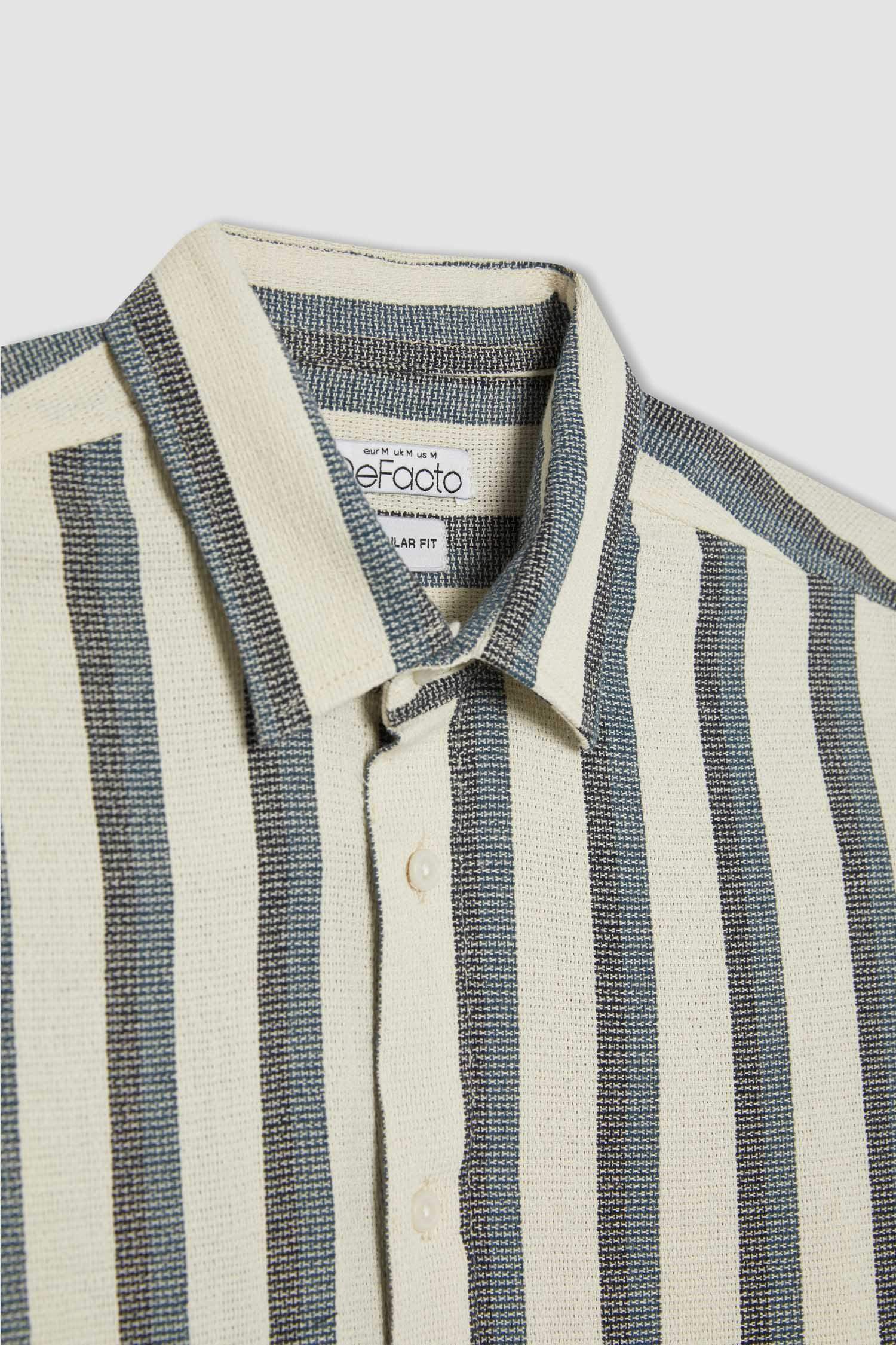 Regular Fit Polo Collar Cotton Striped Long Sleeve Shirt