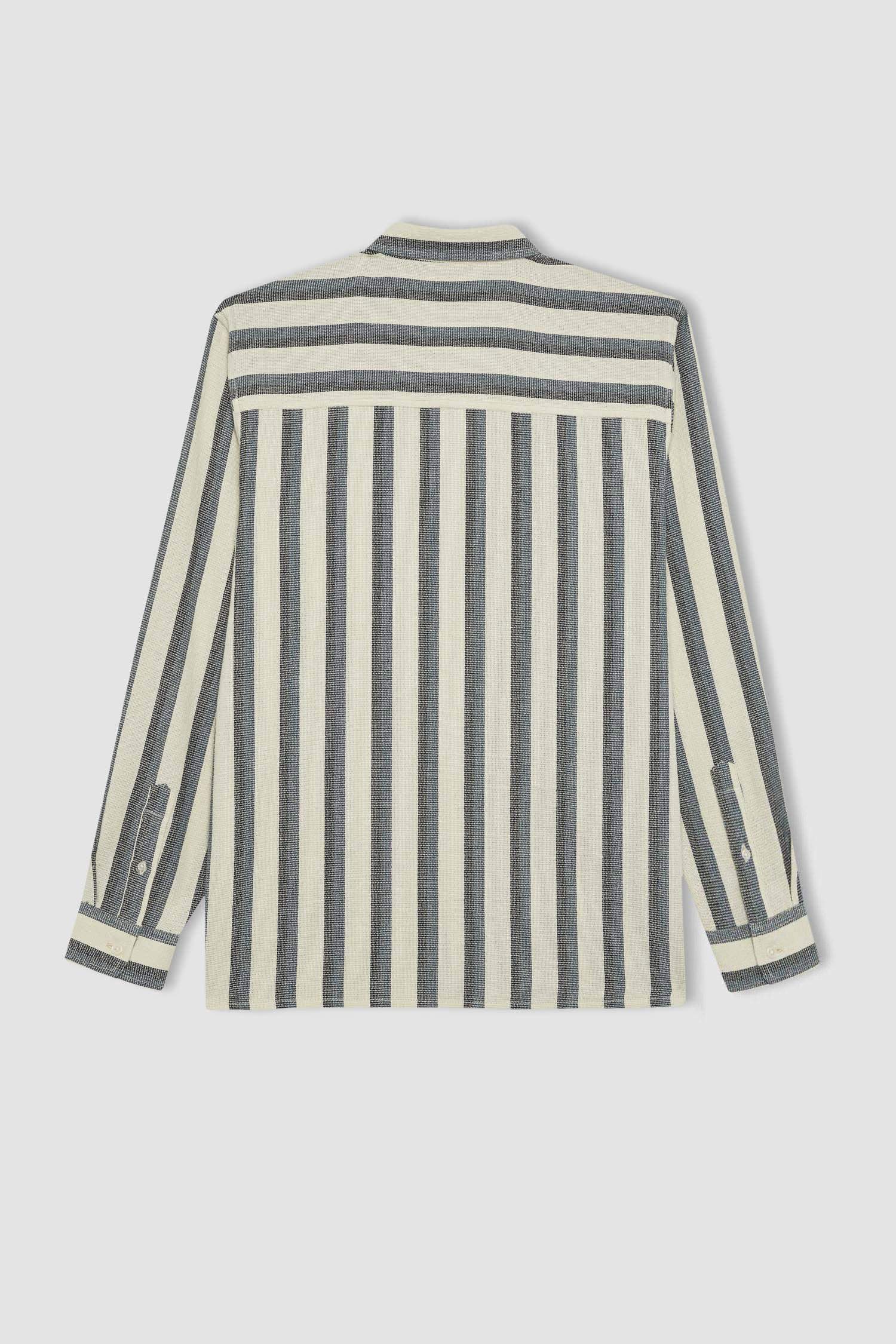 Regular Fit Polo Collar Cotton Striped Long Sleeve Shirt