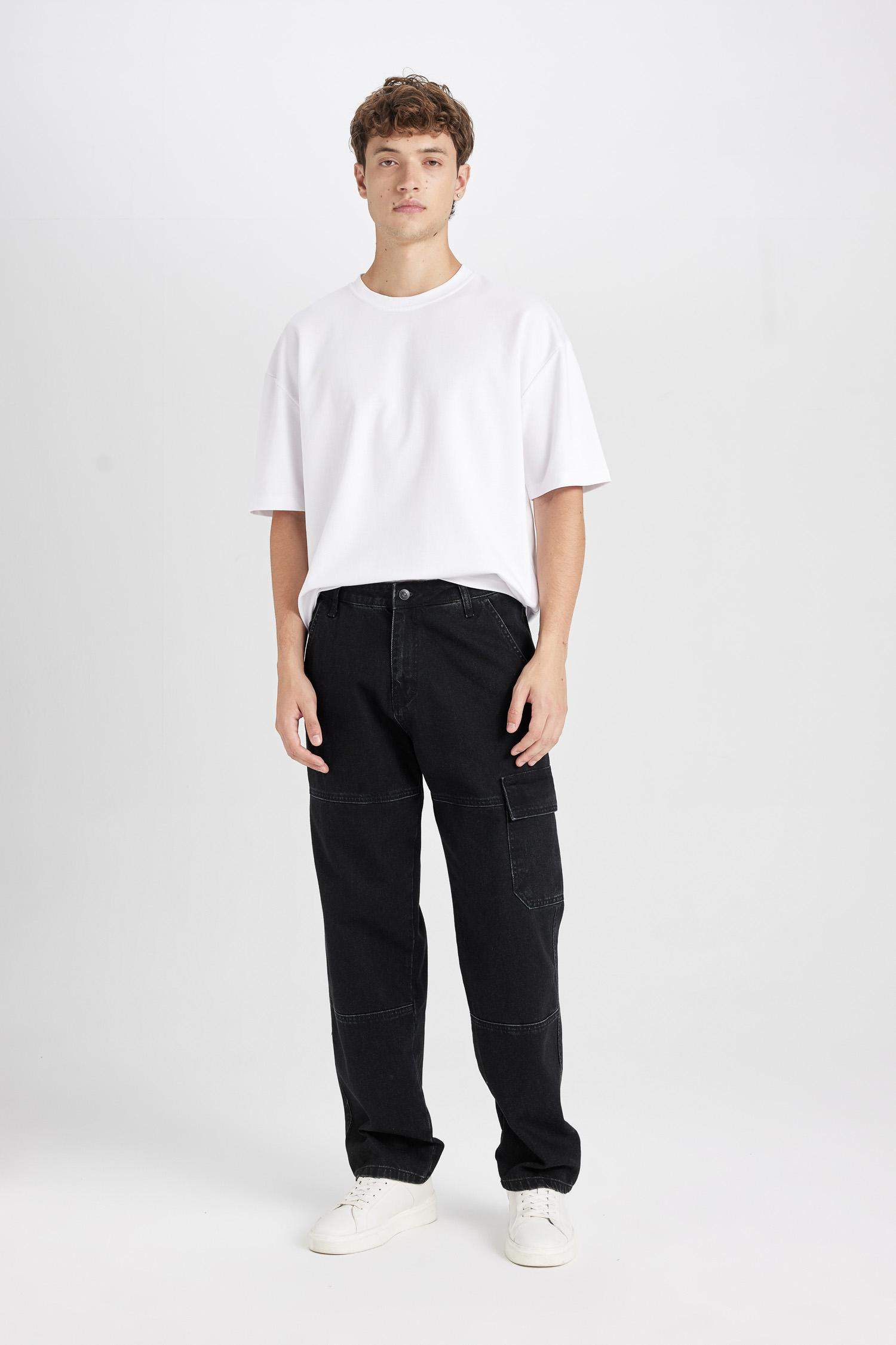 %100 Pamuk Wide Leg Fit Geniş Kalıp Normal Bel Geniş Paça Kargo Cepli Siyah Jean Pantolon