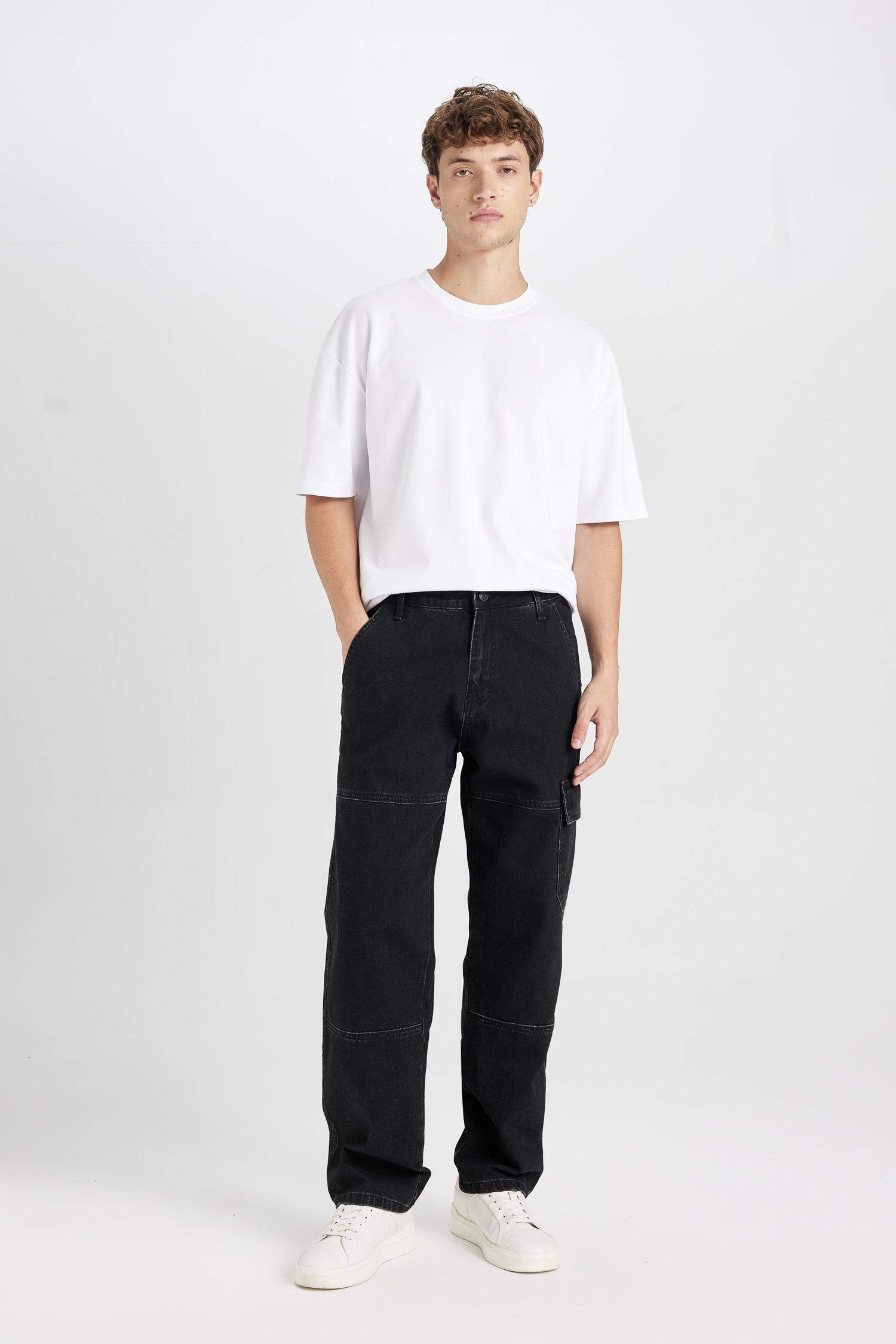 %100 Pamuk Wide Leg Fit Geniş Kalıp Normal Bel Geniş Paça Kargo Cepli Siyah Jean Pantolon