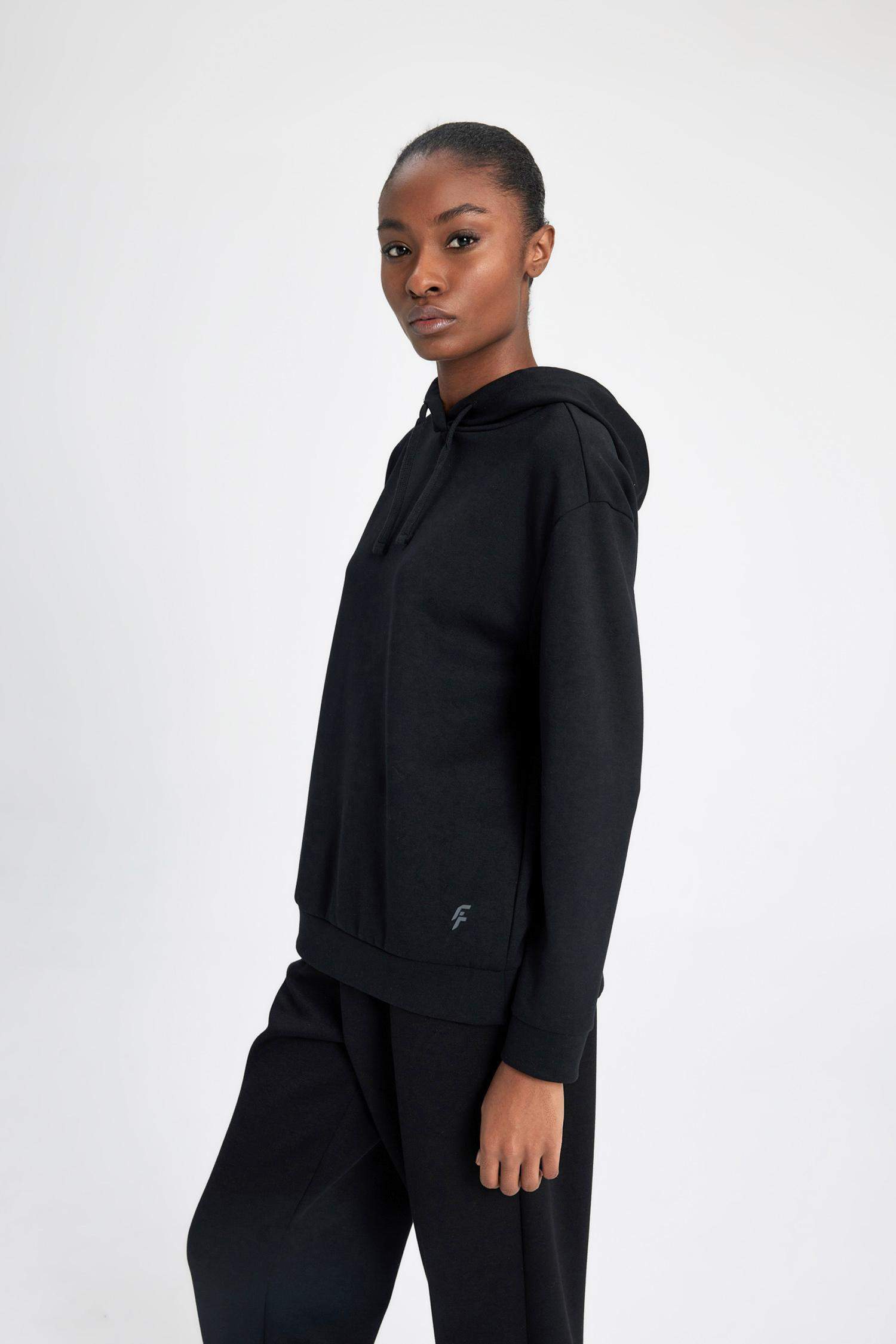 Standard Fit Hooded Belt Printed Scuba Fabric Basic Sweatshirt